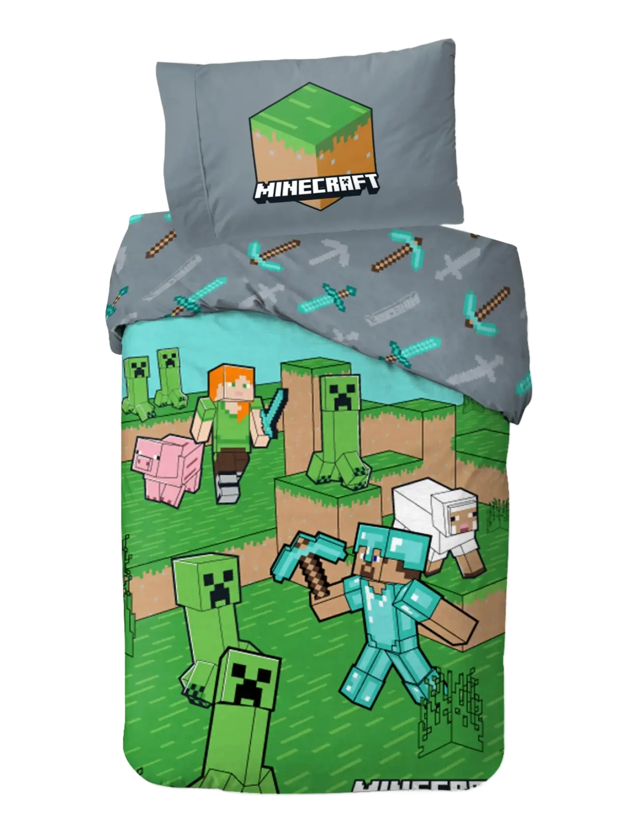 Minecraft Bed Linen Minecraft Animals & Mobs 140X200 60X63 cm, 140X200.60X63 cm, Green, Søvntid > Sengesæt, Børn