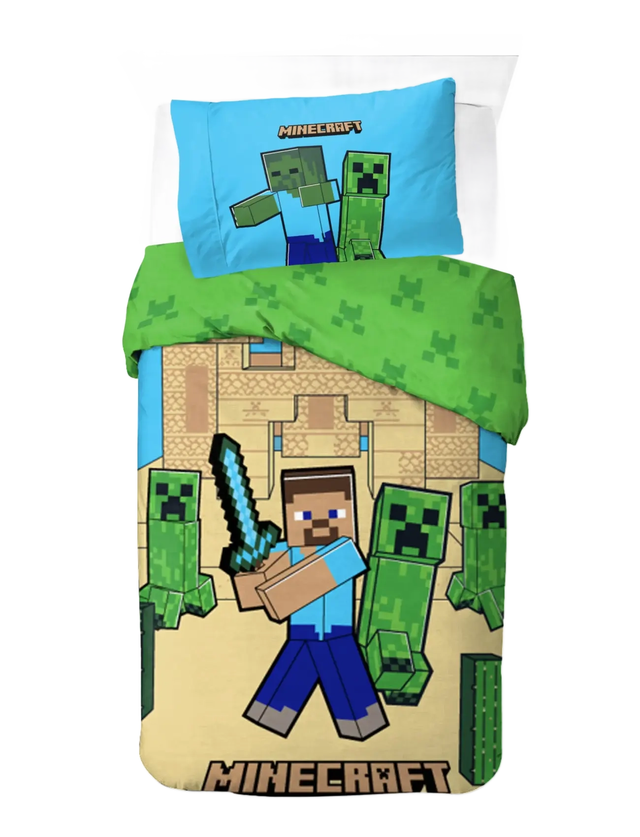 Minecraft Bed Linen Minecraft Sand Castles 140X200 60X63 Cm, Bed Sæt, Grøn, Str: 140X20060X63CM