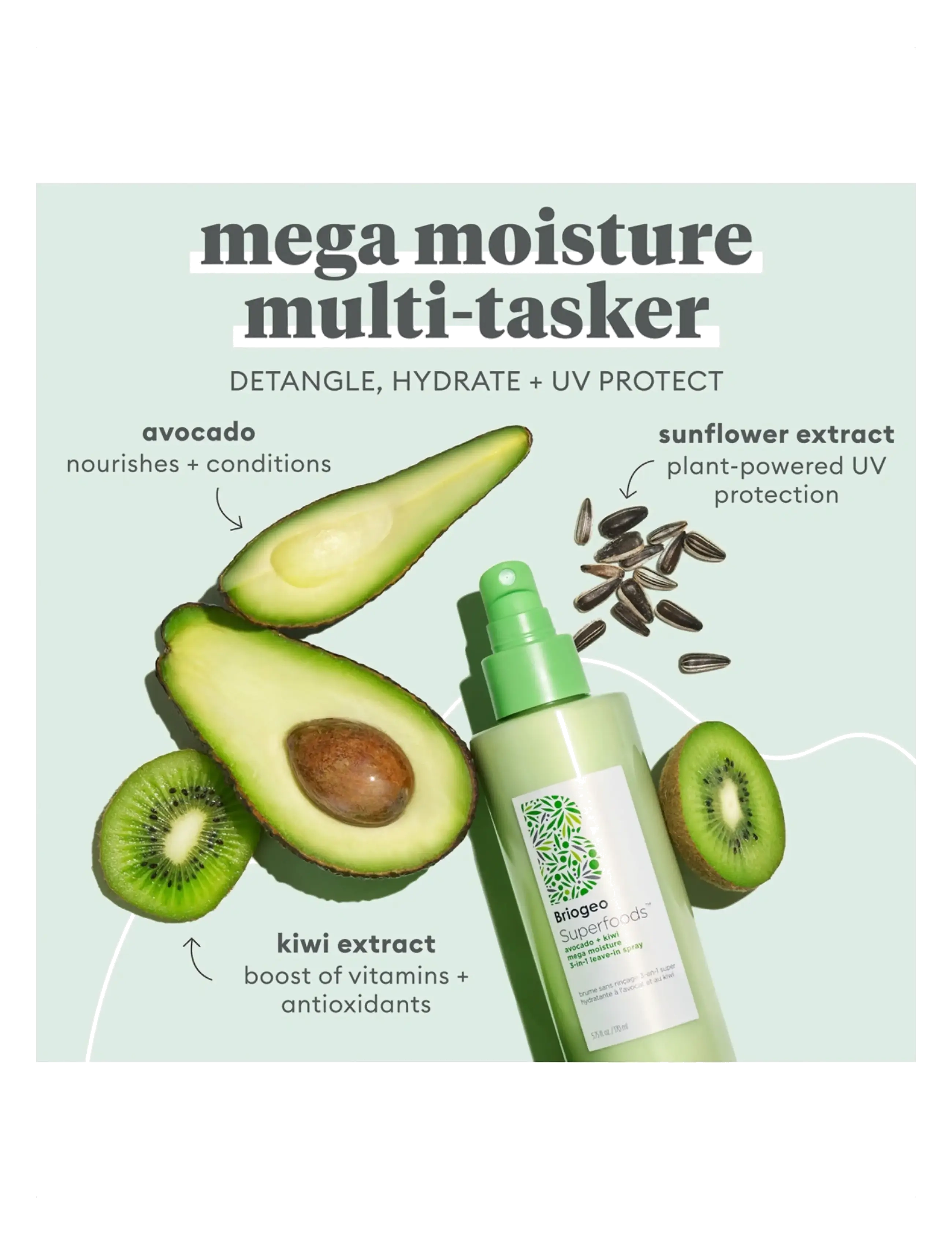 Briogeo - Briogeo Superfoods™ Avocado + Kiwi Mega Moisture 3-in-1 Leave-In Spray 170ml - hårkure - clear - 2