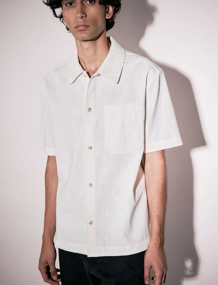 Brixtol Textiles - Frank S/S Linen Dark Navy - basic-hemden - cream - 0