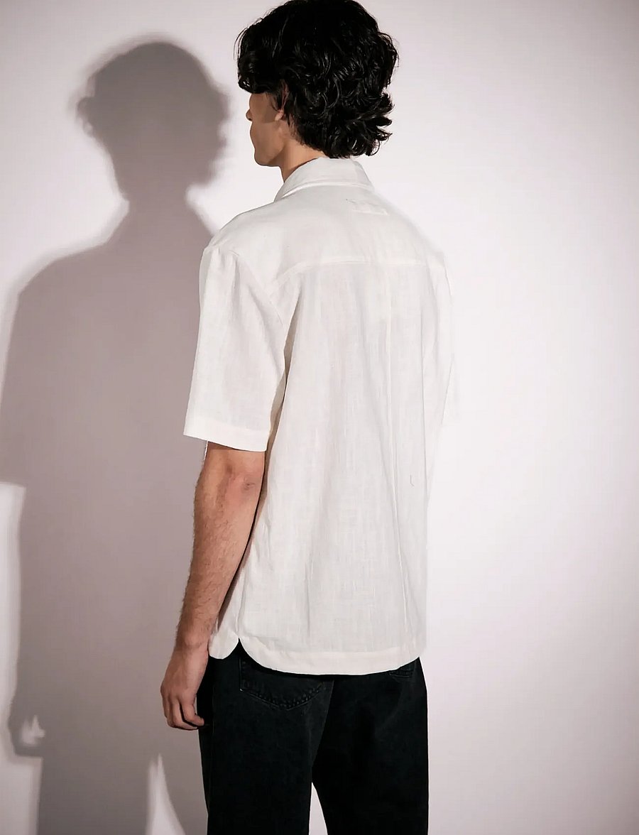 Brixtol Textiles - Frank S/S Linen Dark Navy - basic-hemden - cream - 3