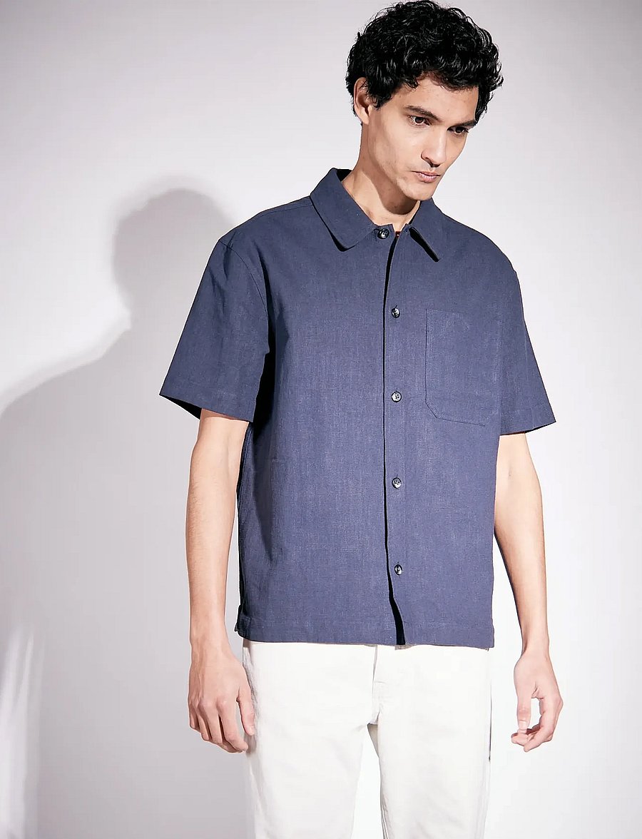 Brixtol Textiles - Frank S/S Linen Dark Navy - basic-hemden - dark navy - 0