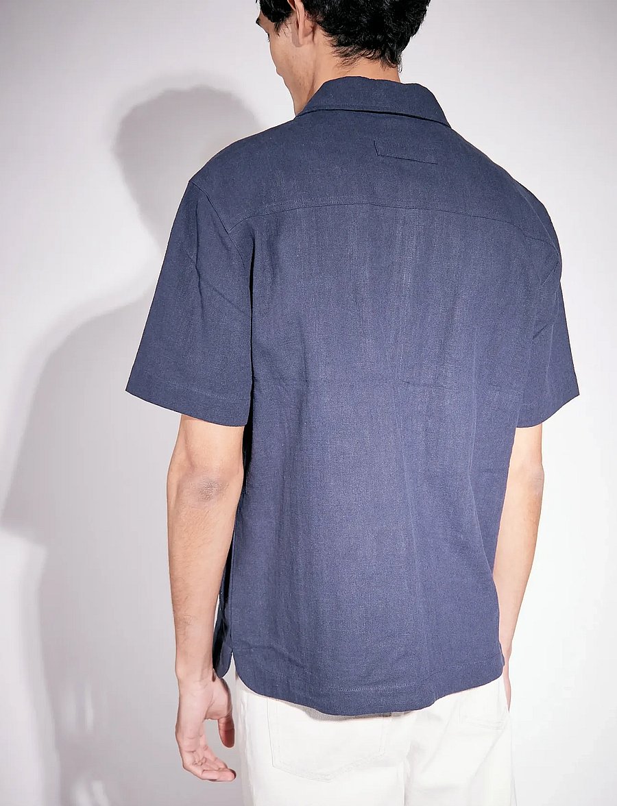 Brixtol Textiles - Frank S/S Linen Dark Navy - basic-hemden - dark navy - 3