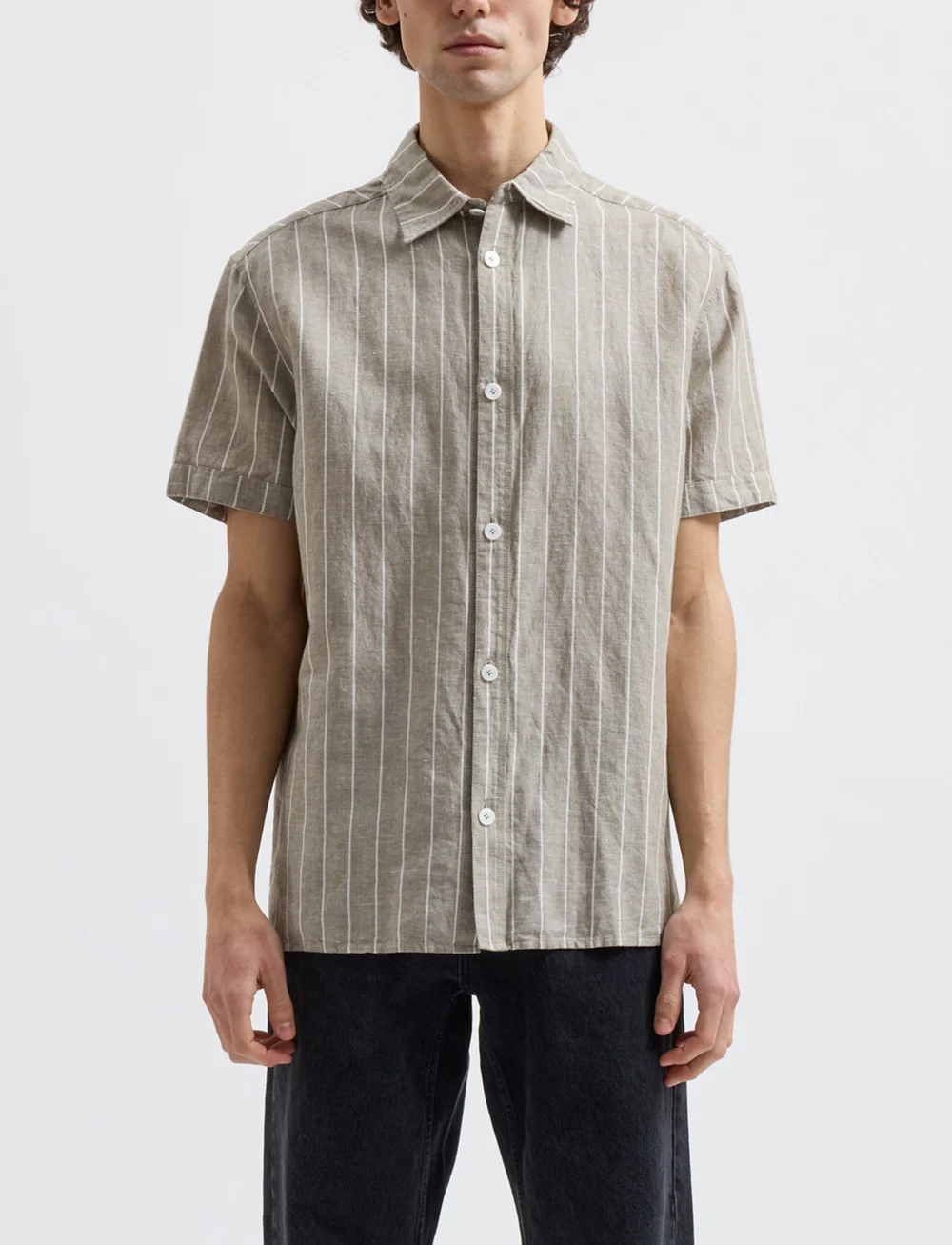 Brixtol Textiles - Callum - leinenhemden - light moss stripe - 0