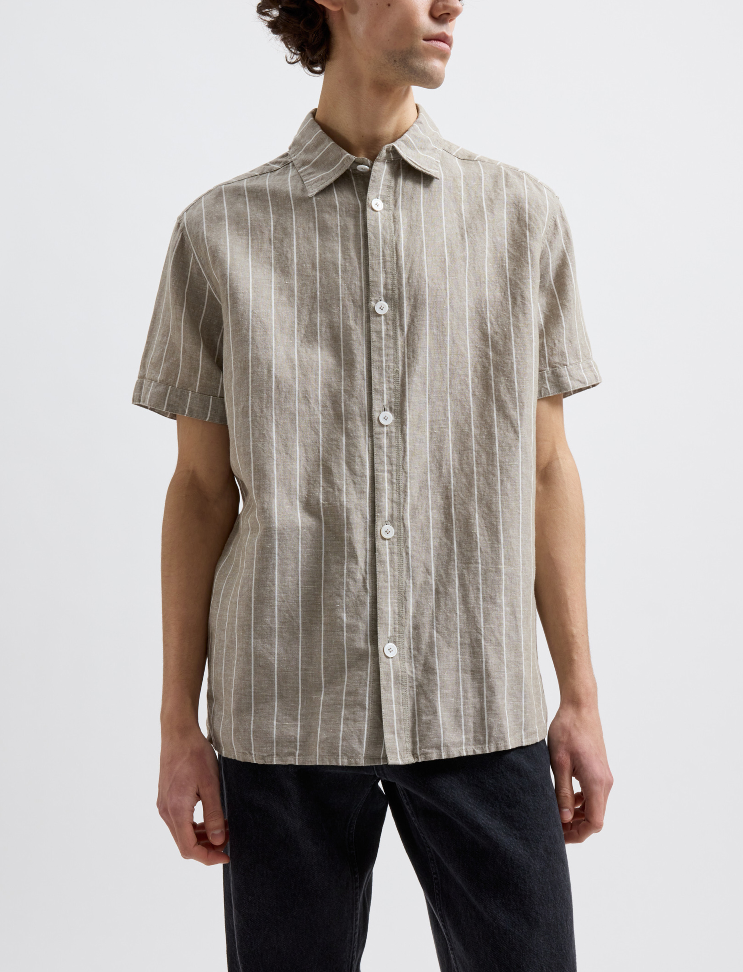 Brixtol Textiles - Callum - leinenhemden - light moss stripe - 4