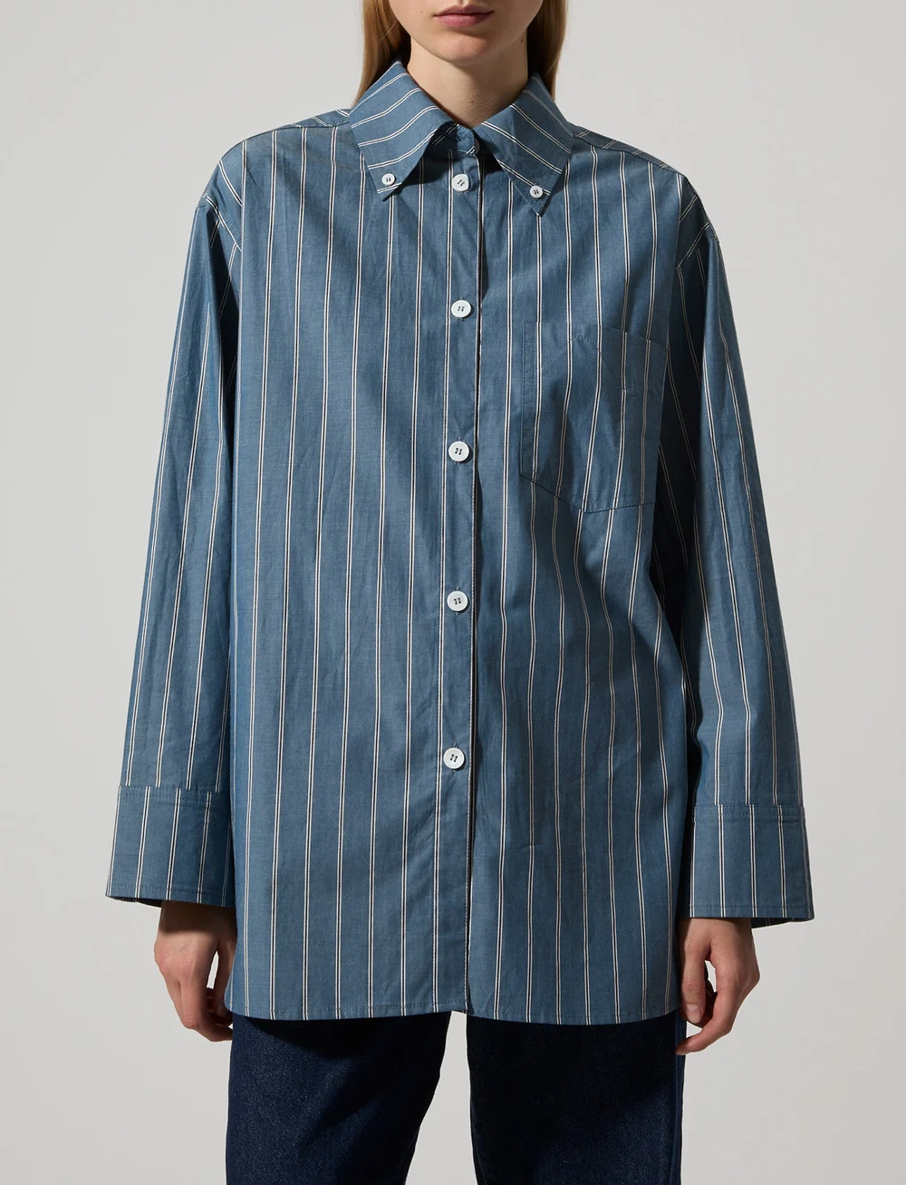 Brixtol Textiles - Rhona - long-sleeved shirts - storm blue stripe - 0
