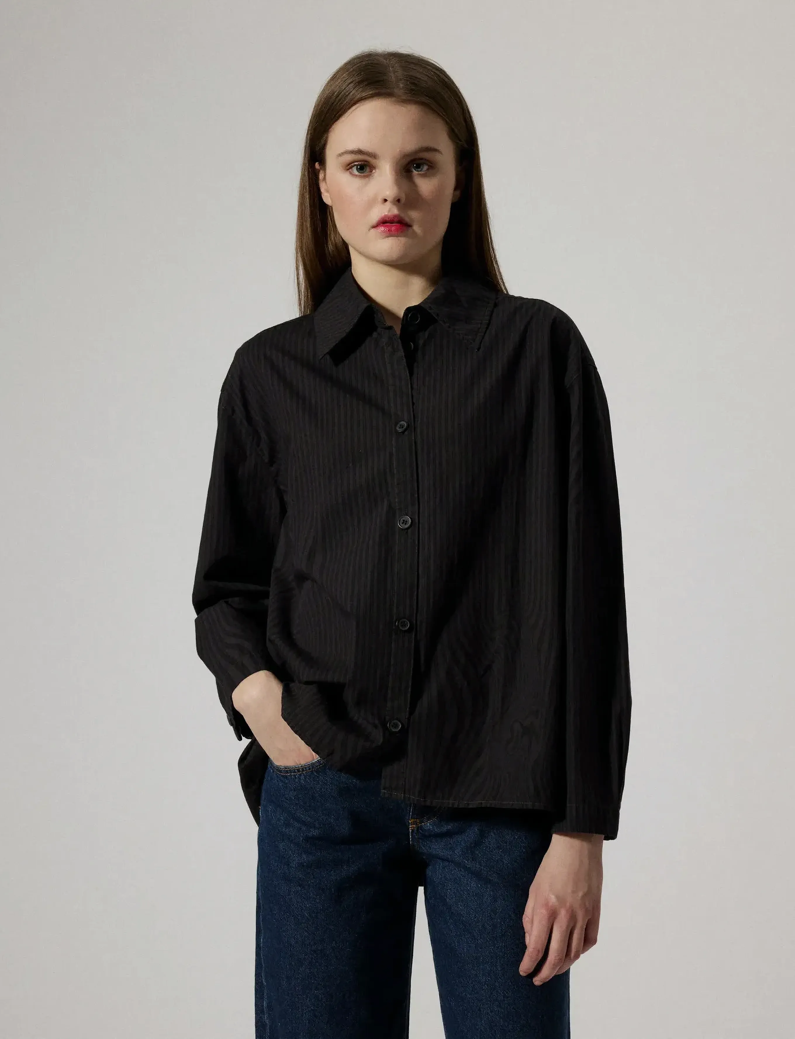 Brixtol Textiles Stella Dark Navy White Stripe, M, Blouses, Schwarz - Long-sleeved, Frauen
