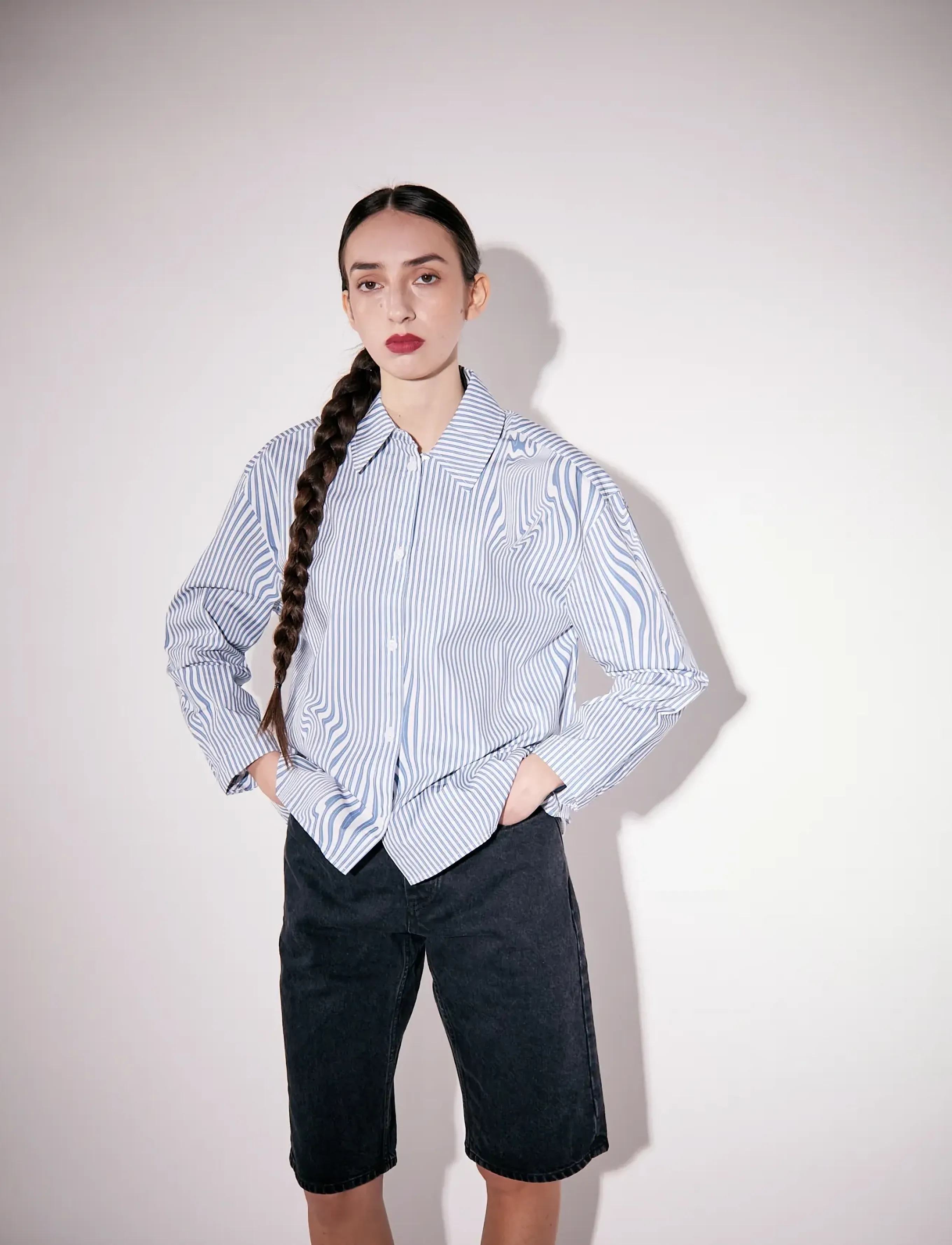 Brixtol Textiles Stella Dark Navy White Stripe - Langermede skjorter - BLUE GLITCH STRIPE / blue