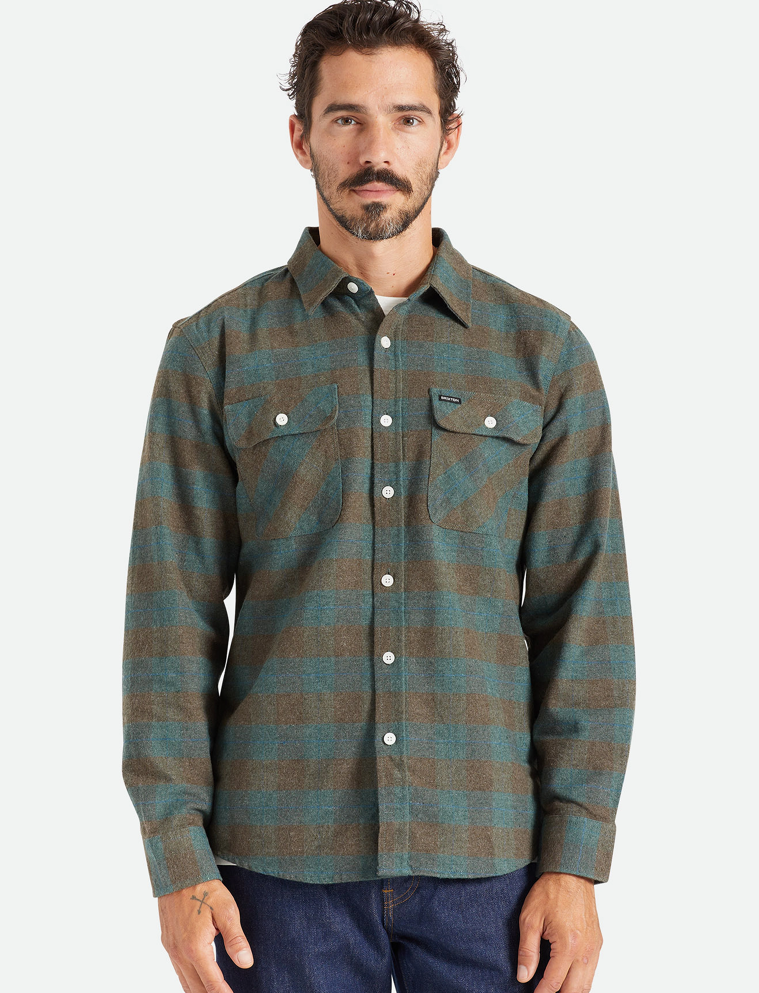 Brixton Bowery L/S Flannel - Flanell-Hemden - OCEAN / grey
