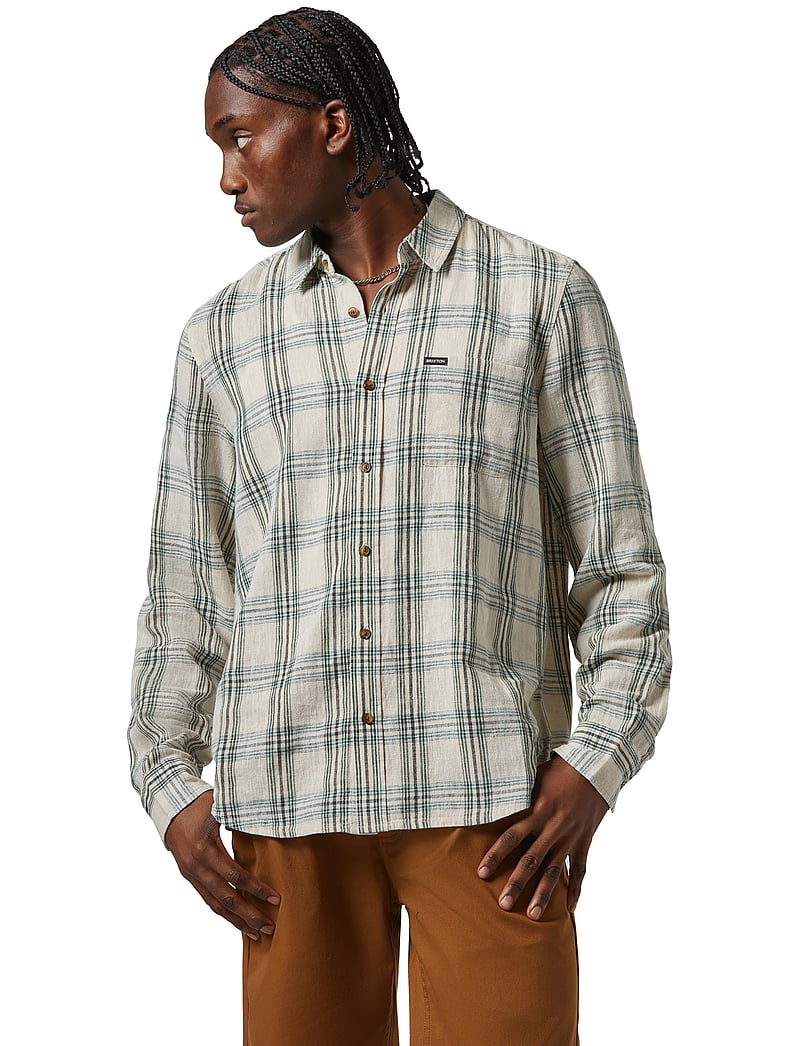 Brixton - Charter Linen Blend L/S Wvn - linen shirts - off white/ivy green plaid - 0