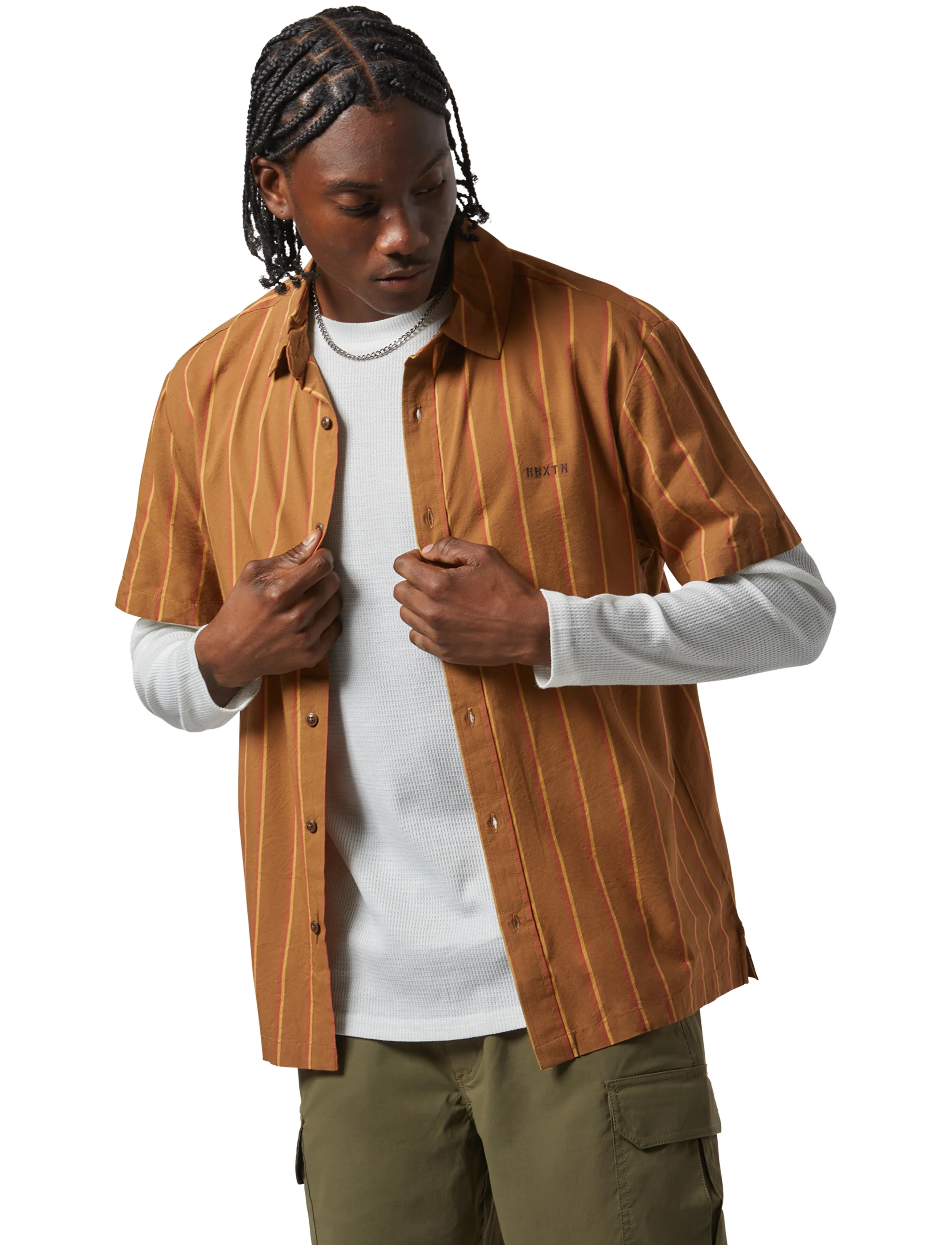 Brixton Cru Stripe S/S Wvn, S, Shirts, Orange - Short-sleeved Männerswear