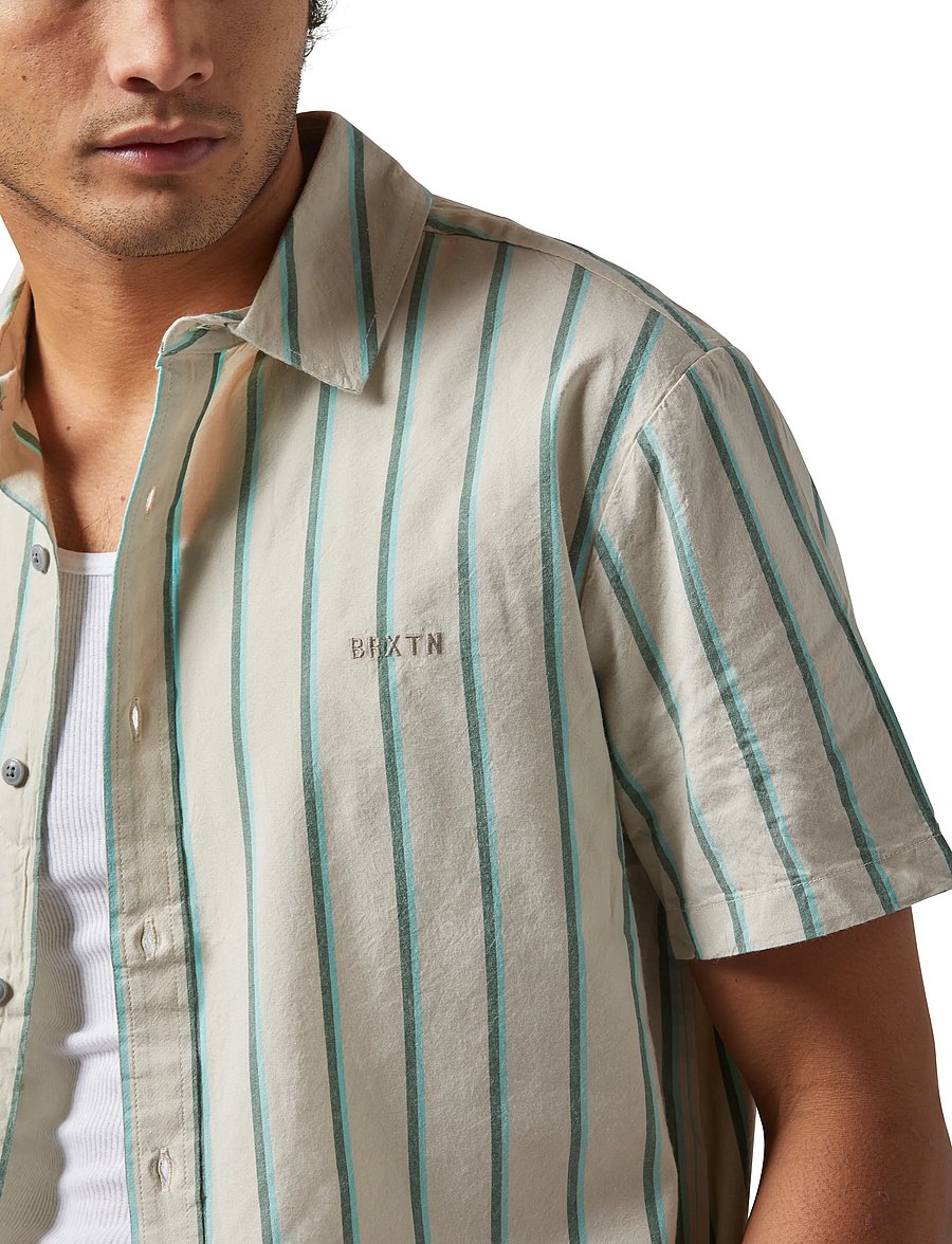 Brixton - Cru Stripe S/S Wvn - kortärmade skjortor - beige/pine needle/aquatic gree - 4