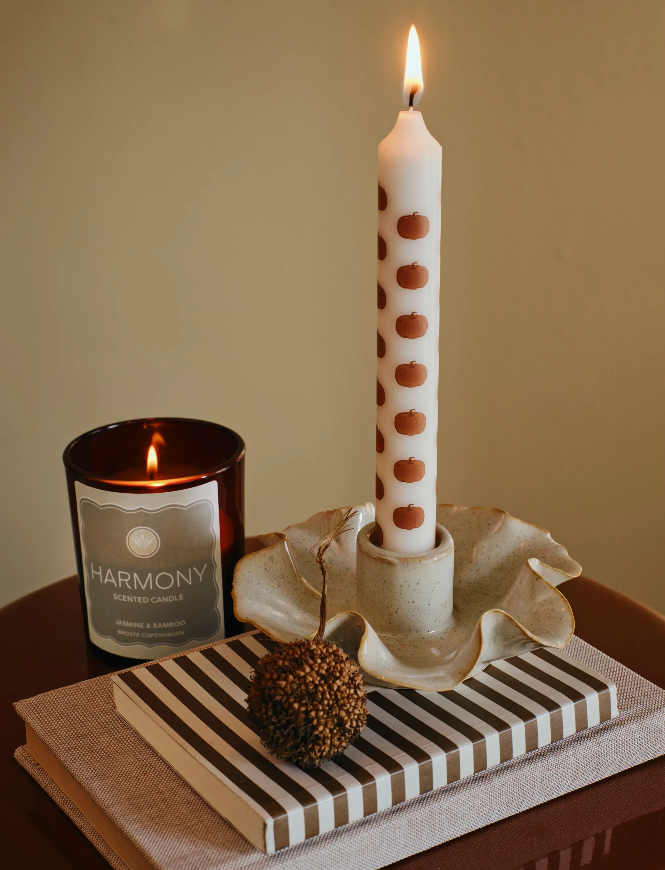 Broste Copenhagen Pumpkin Taper Candle With Print, H 19 cm, Candles, Weiß - Block Homeware