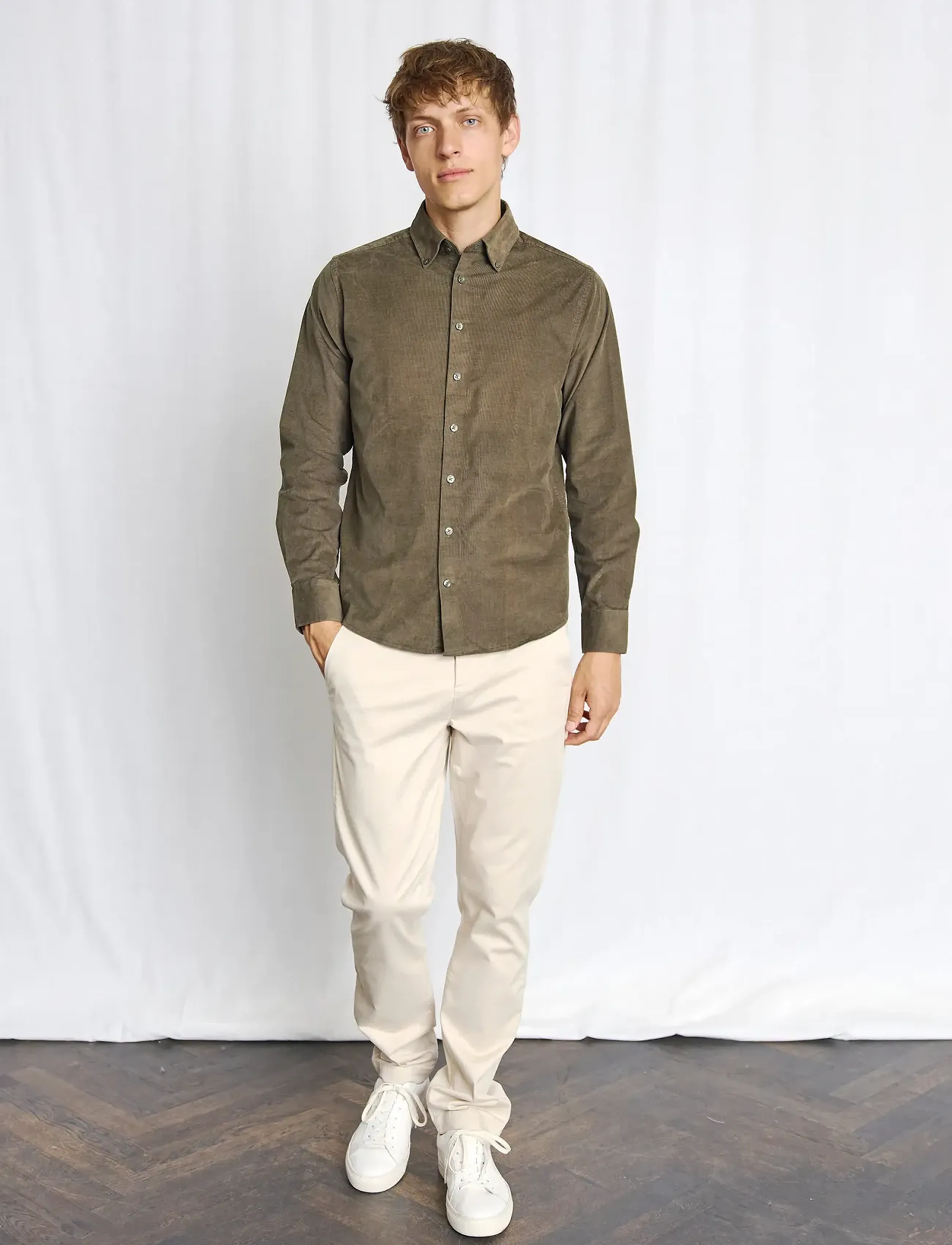 Bruun & Stengade Bs Monti Casual Modern Fit Shirt, Mænd, Fløjls Skjorte, Kakigrøn, Str: S