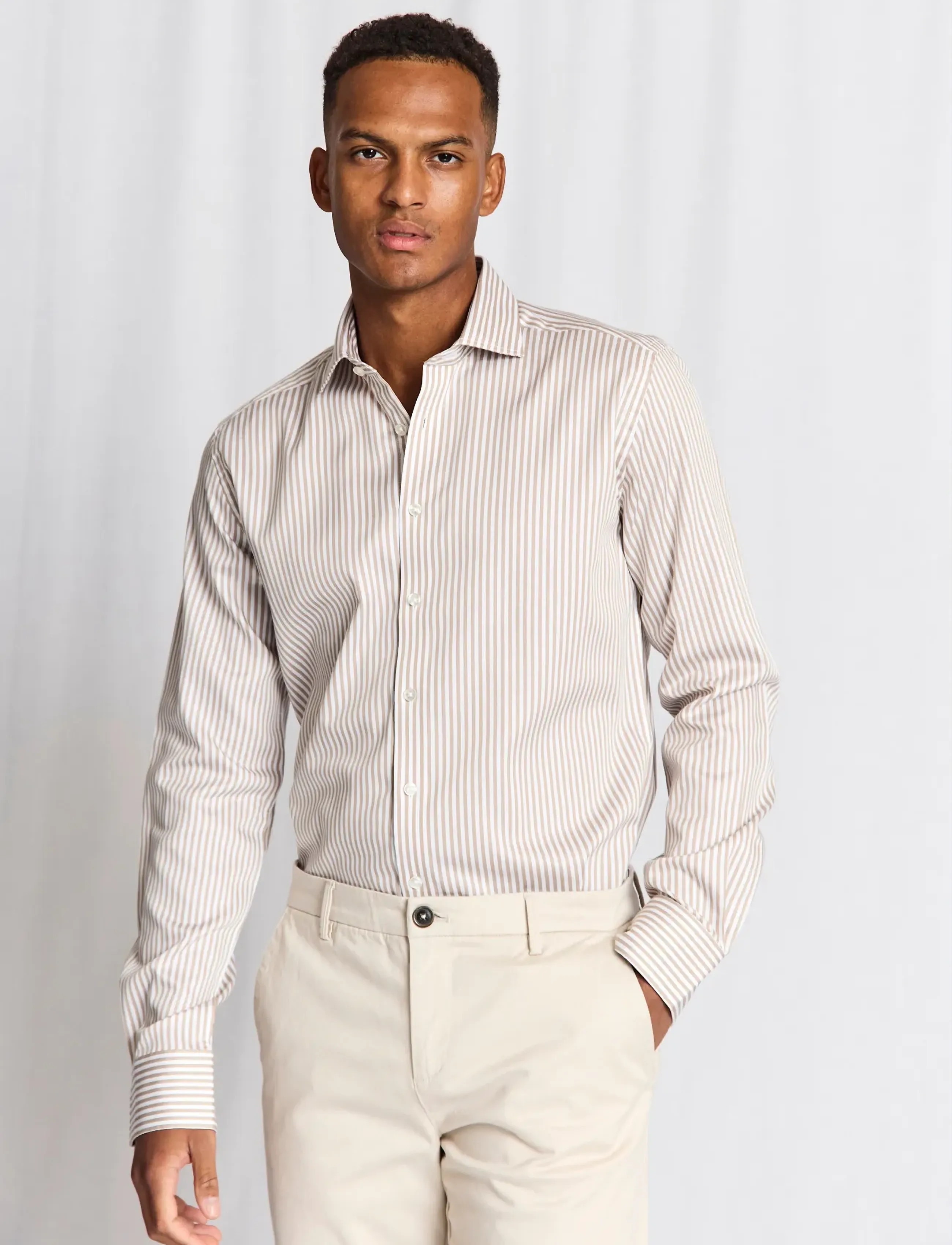 Bruun & Stengade BS Santos Modern Fit Shirt - Kollektioner - SAND/WHITE / beige