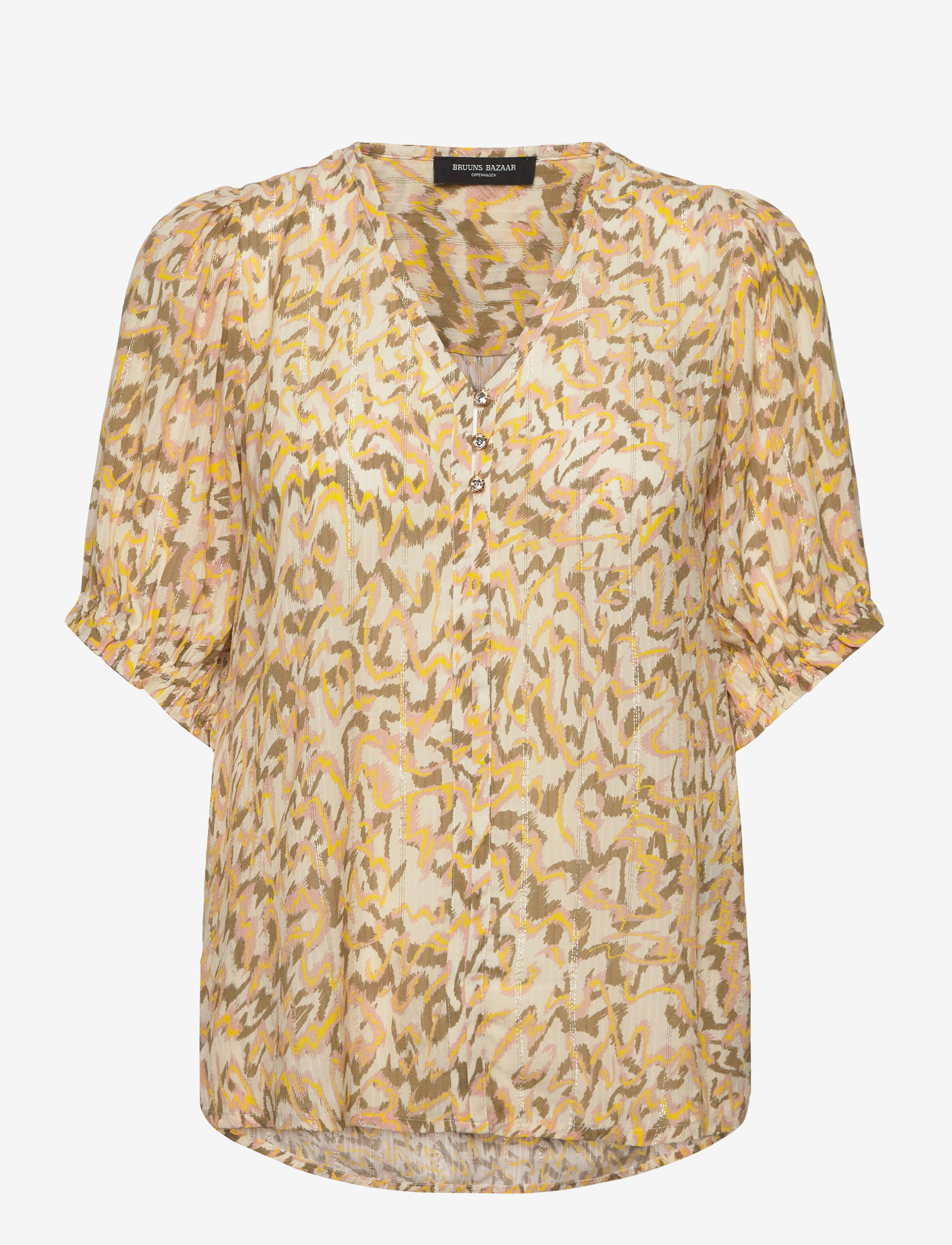 Bruuns Bazaar Hasselbblecia Blouse, Kvinder, Mønstret Kortærmet Bluse, Gul, Str: 34