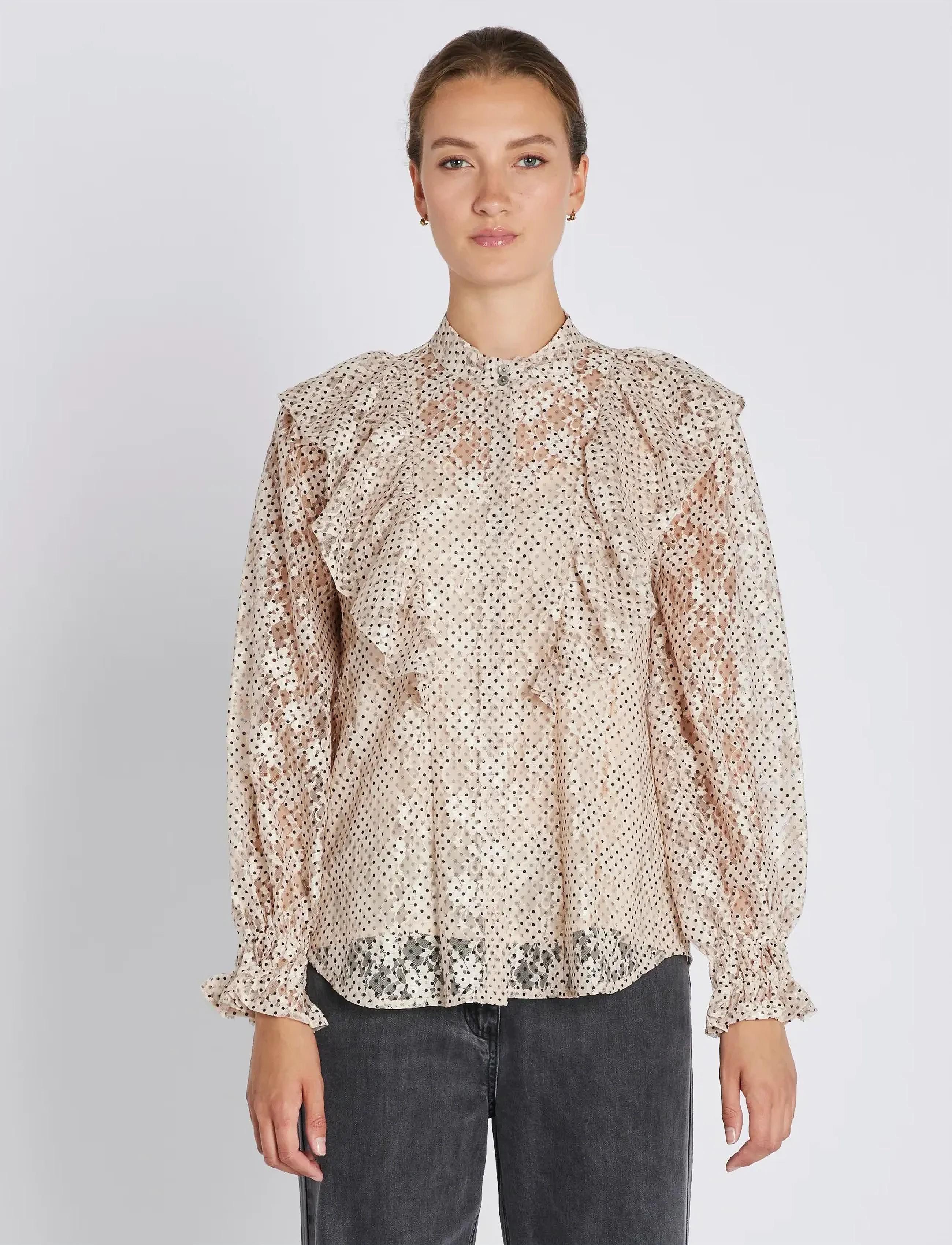 Bruuns Bazaar Panthusbbyonas Shirt, Kvinder, Flæset Prikket Bluse, Cream, Str: 36