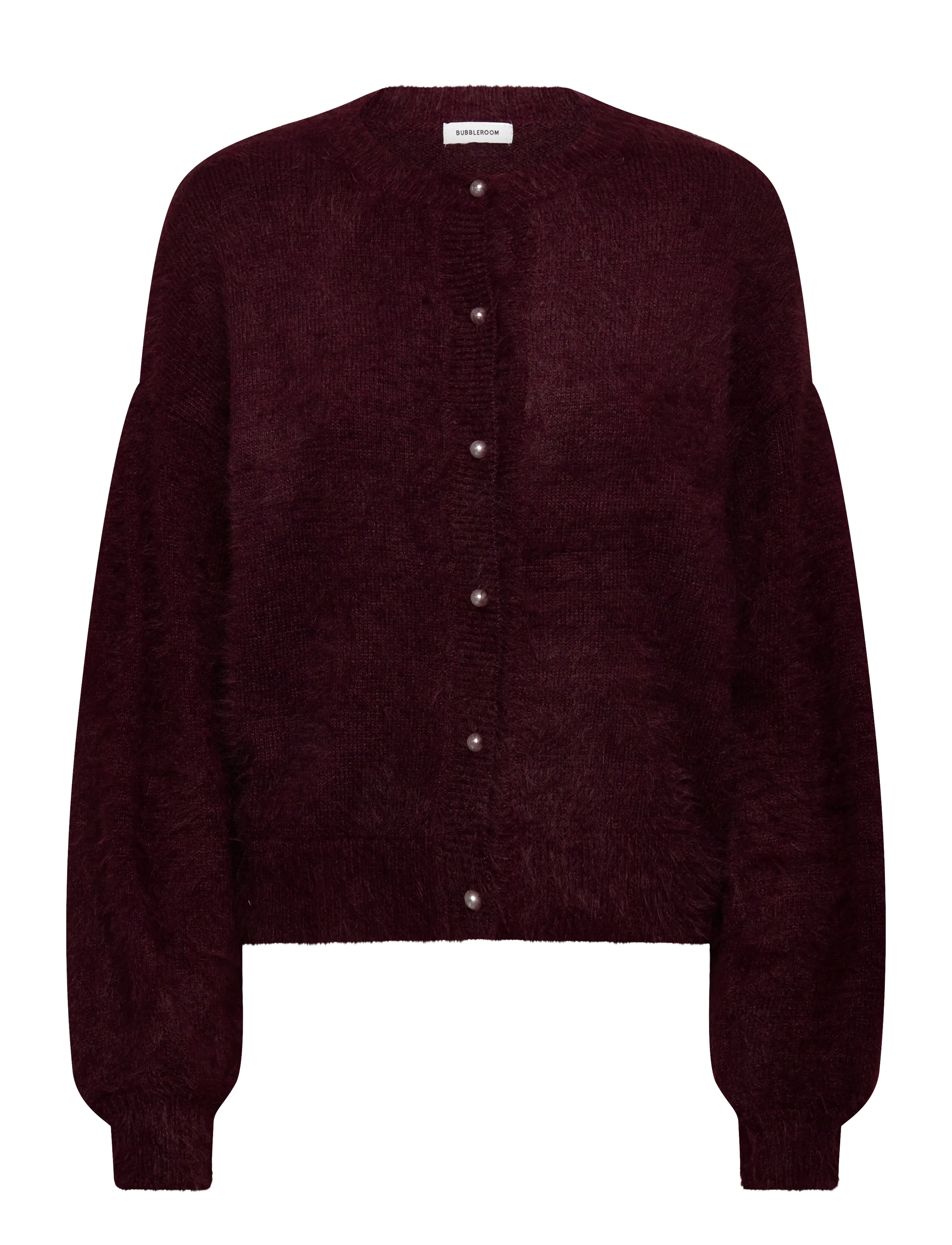Fluffy Knitted Pearl Cardigan - BURGUNDY