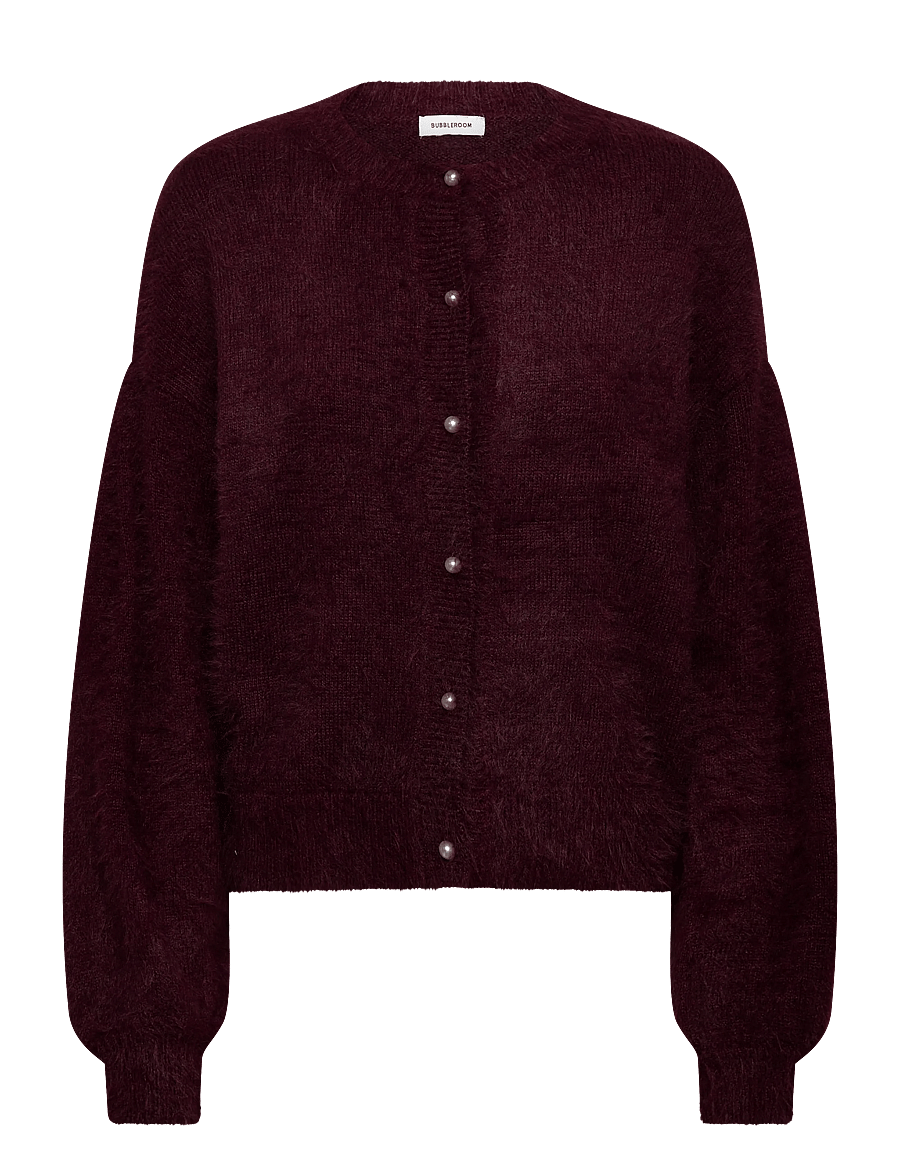 Bubbleroom - Fluffy Knitted Pearl Cardigan - kardiganid - burgundy - 1