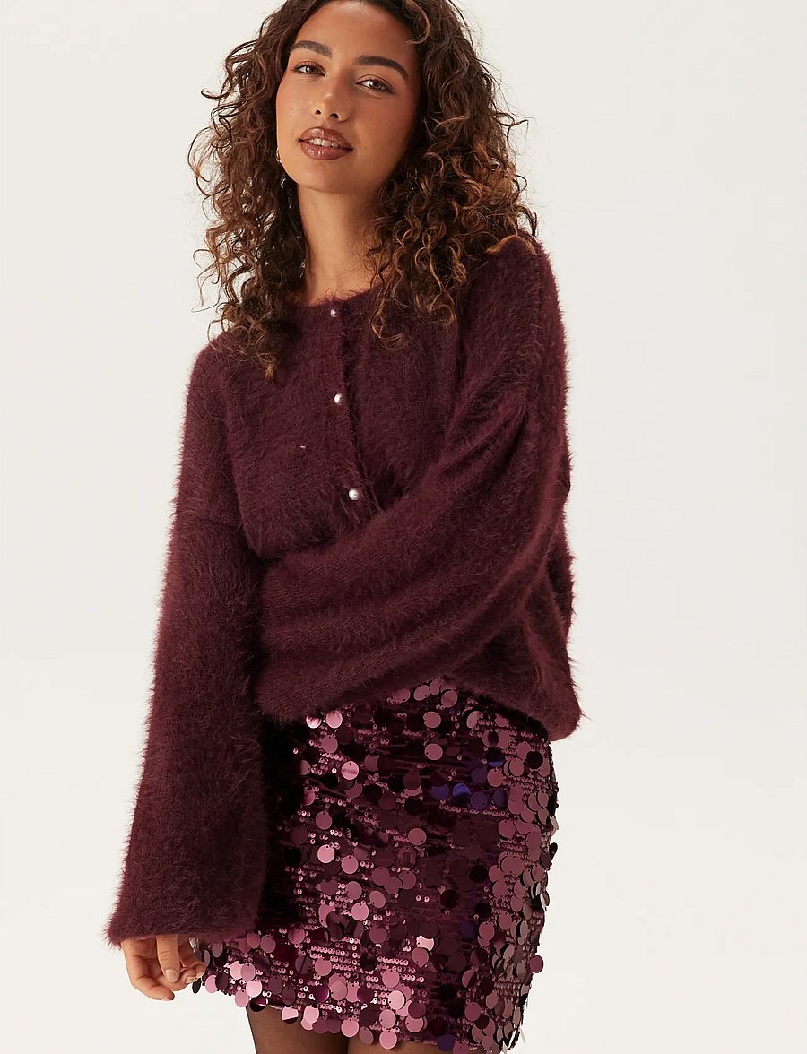 Bubbleroom - Fluffy Knitted Pearl Cardigan - kardiganid - burgundy - 0