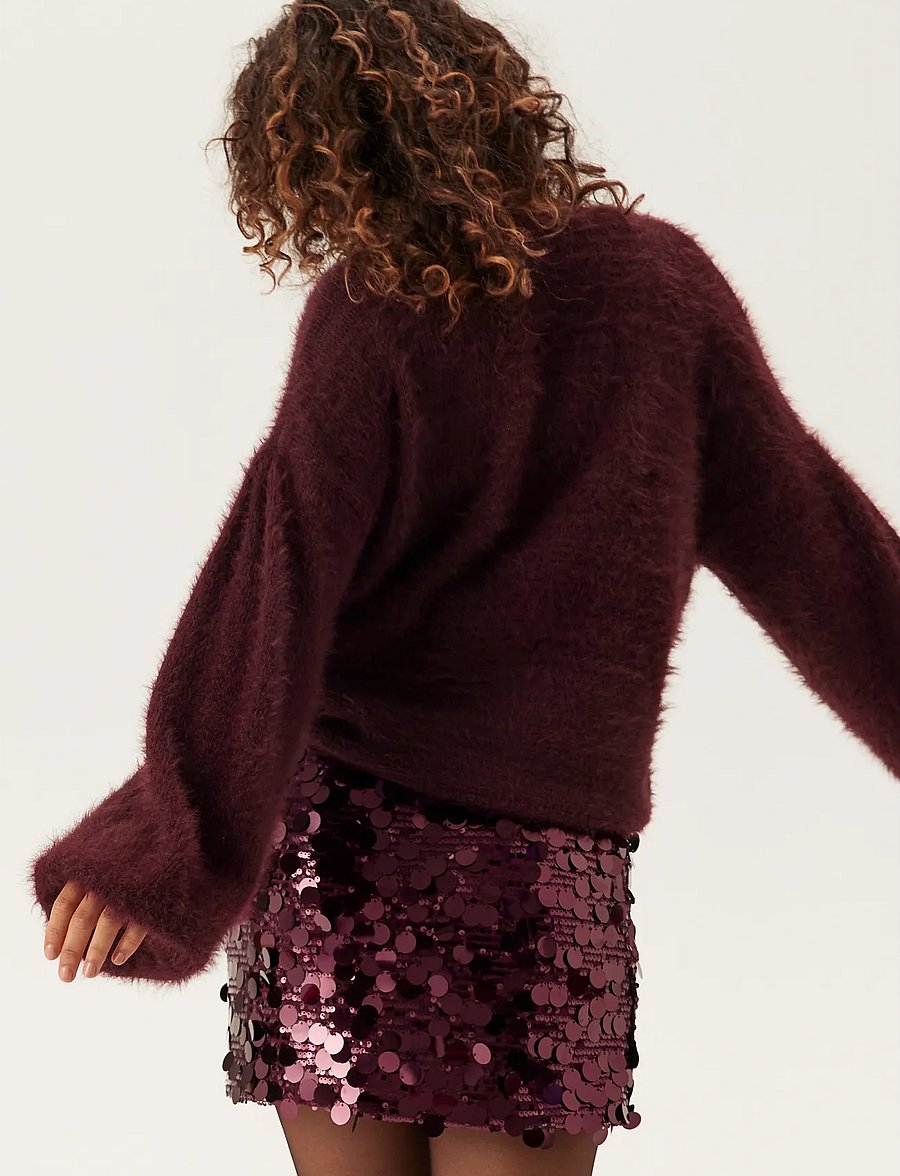 Bubbleroom - Fluffy Knitted Pearl Cardigan - kardiganid - burgundy - 3