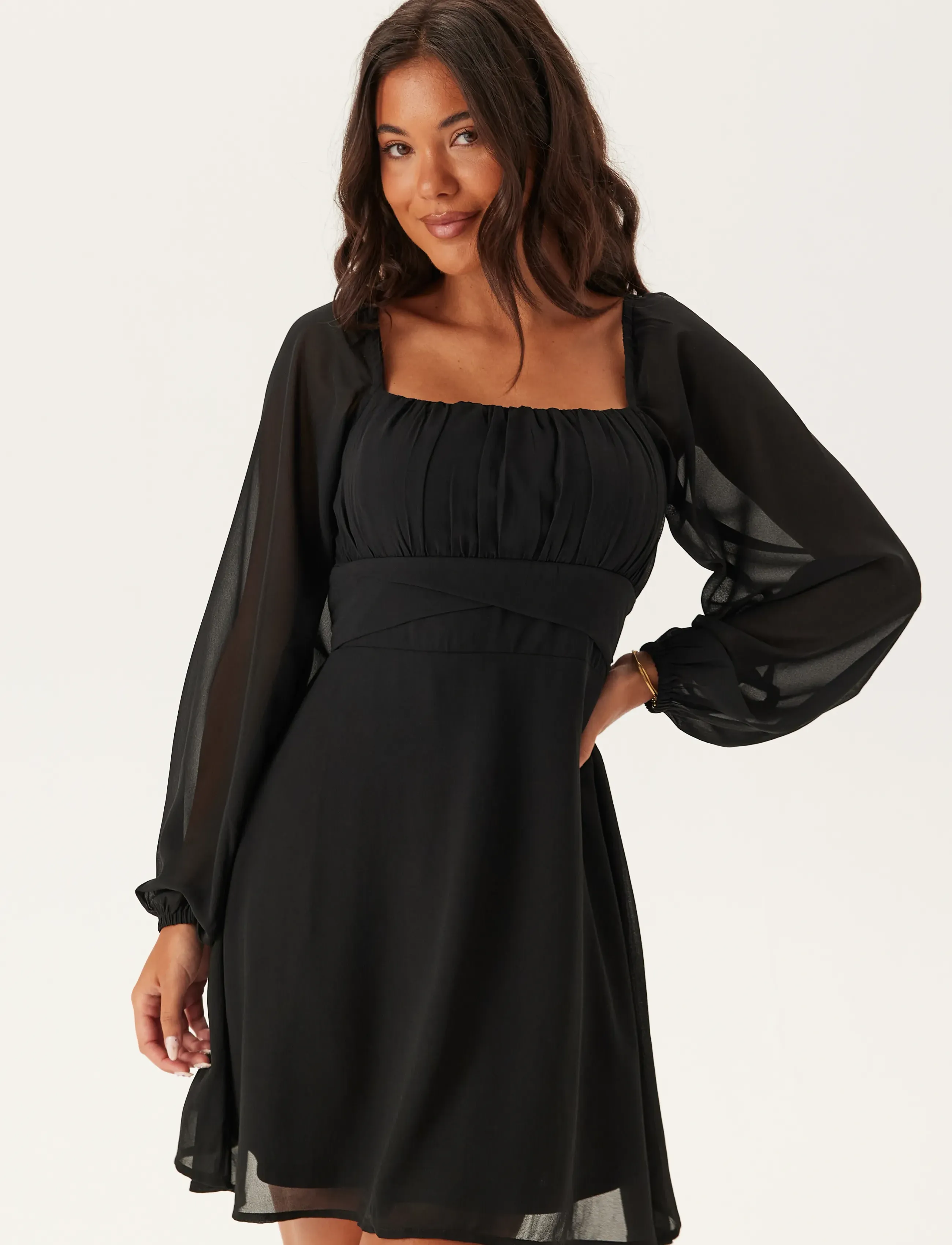 Bubbleroom - Square Neck L/S Georgette Dress - black - 3