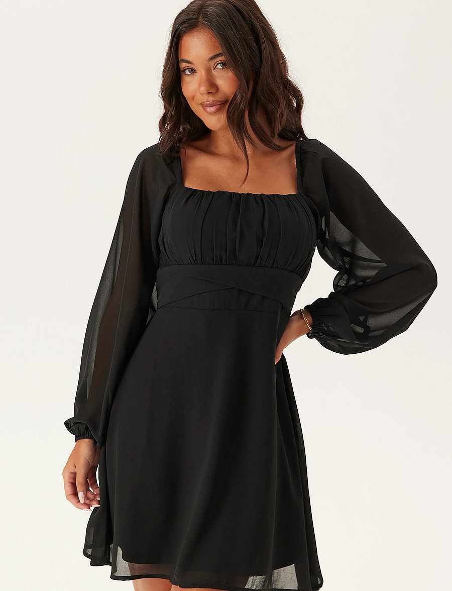 Bubbleroom - Square Neck L/S Georgette Dress - black - 3