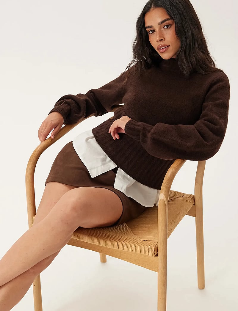 Bubbleroom - Volume Sleeve Knitted Sweater - striktrøjer - brown - 0