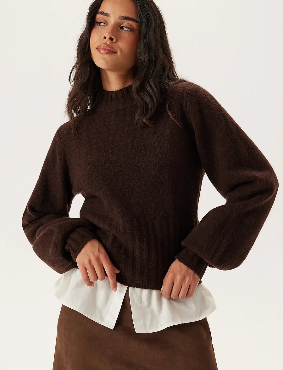 Bubbleroom - Volume Sleeve Knitted Sweater - brown - 4