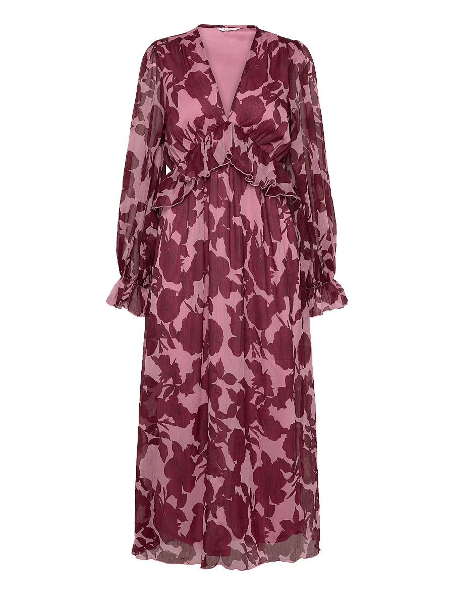 Bubbleroom - Frill L/S Chiffon Midi Dress - maxi kjoler - pink/red - 1