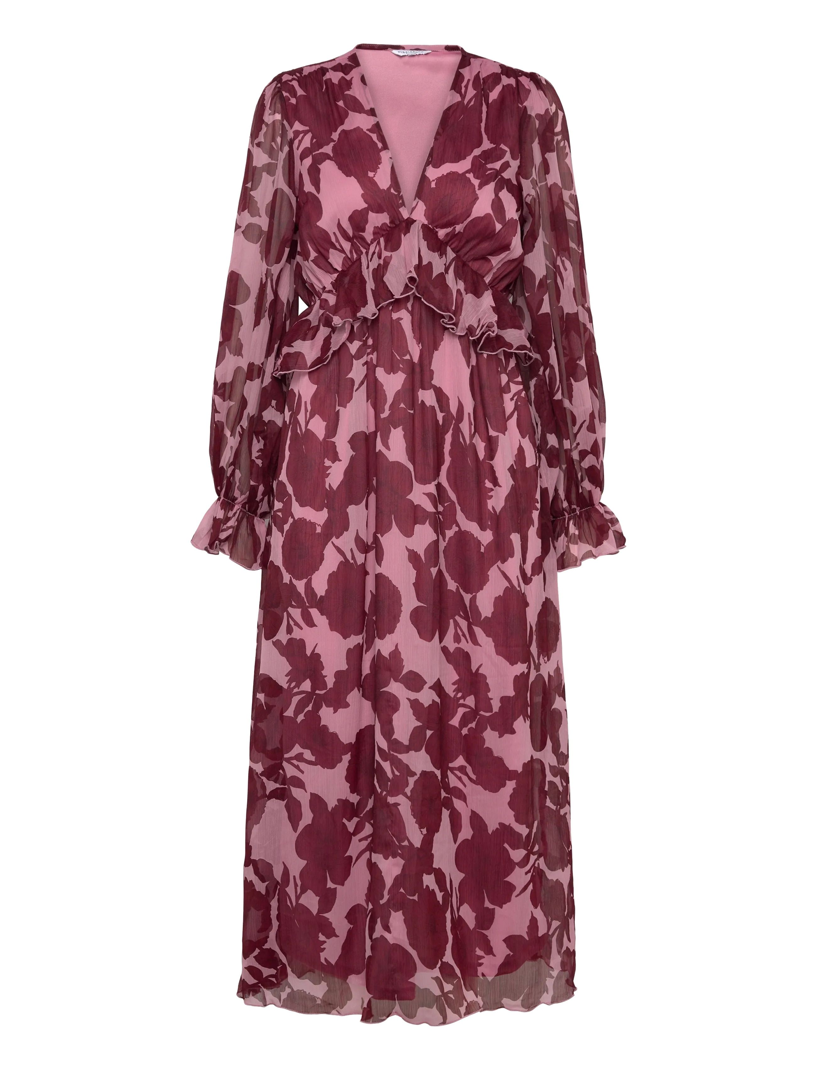 Bubbleroom - Frill L/S Chiffon Midi Dress - maxikleider - pink/red - 1