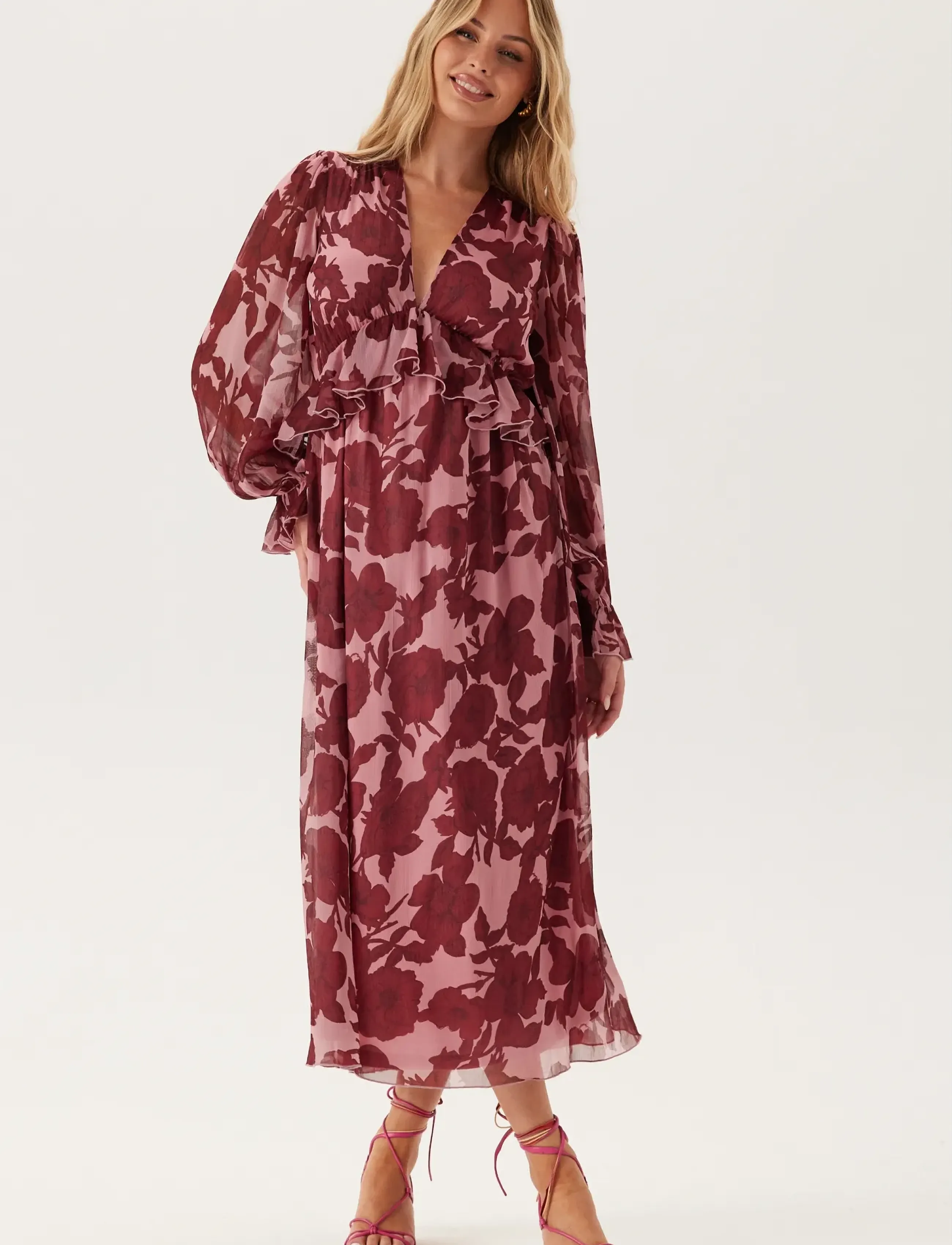 Bubbleroom Frill L/S Chiffon Midi Dress - Kjoler - PINK/RED / pink/rose