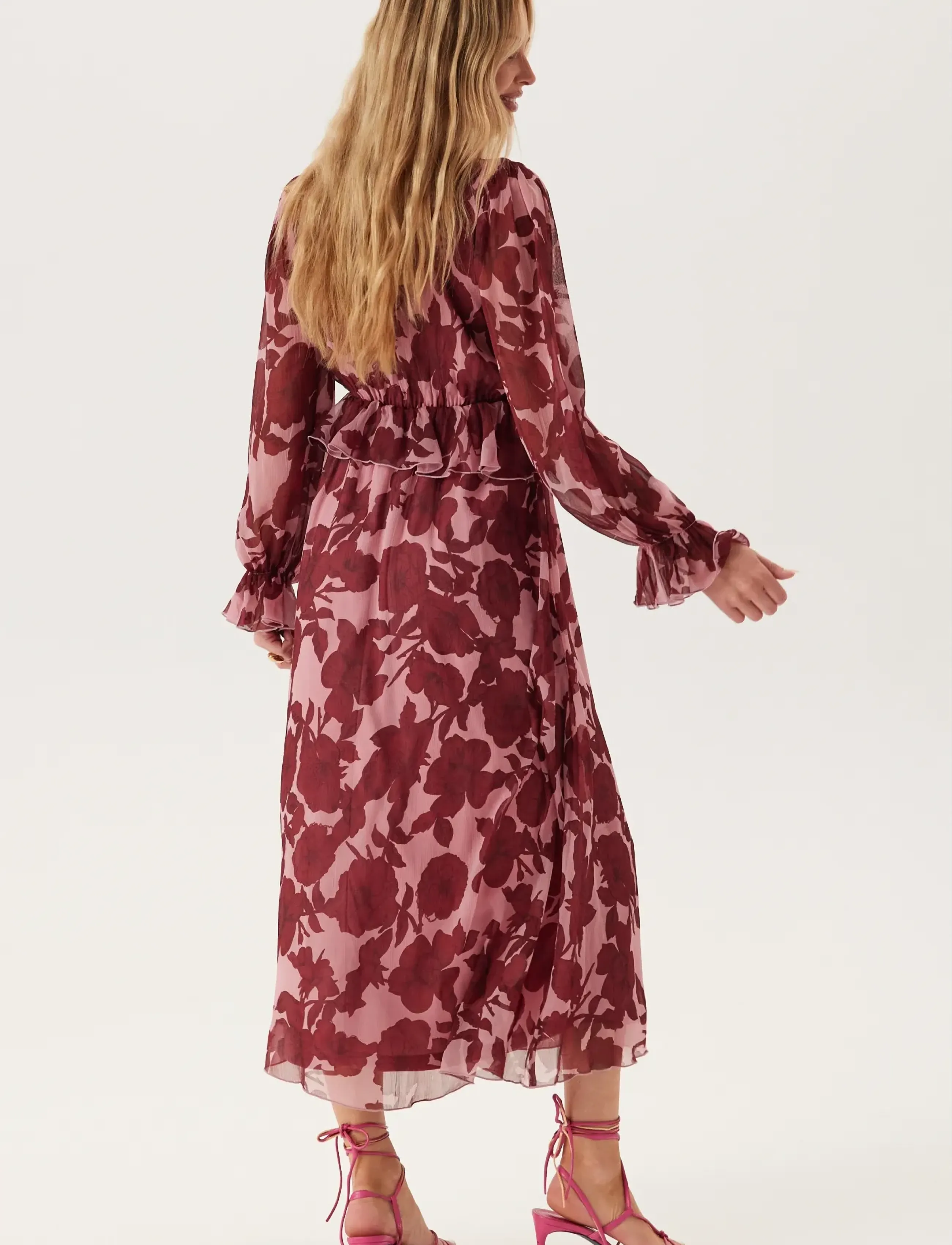 Bubbleroom - Frill L/S Chiffon Midi Dress - maxikleider - pink/red - 3