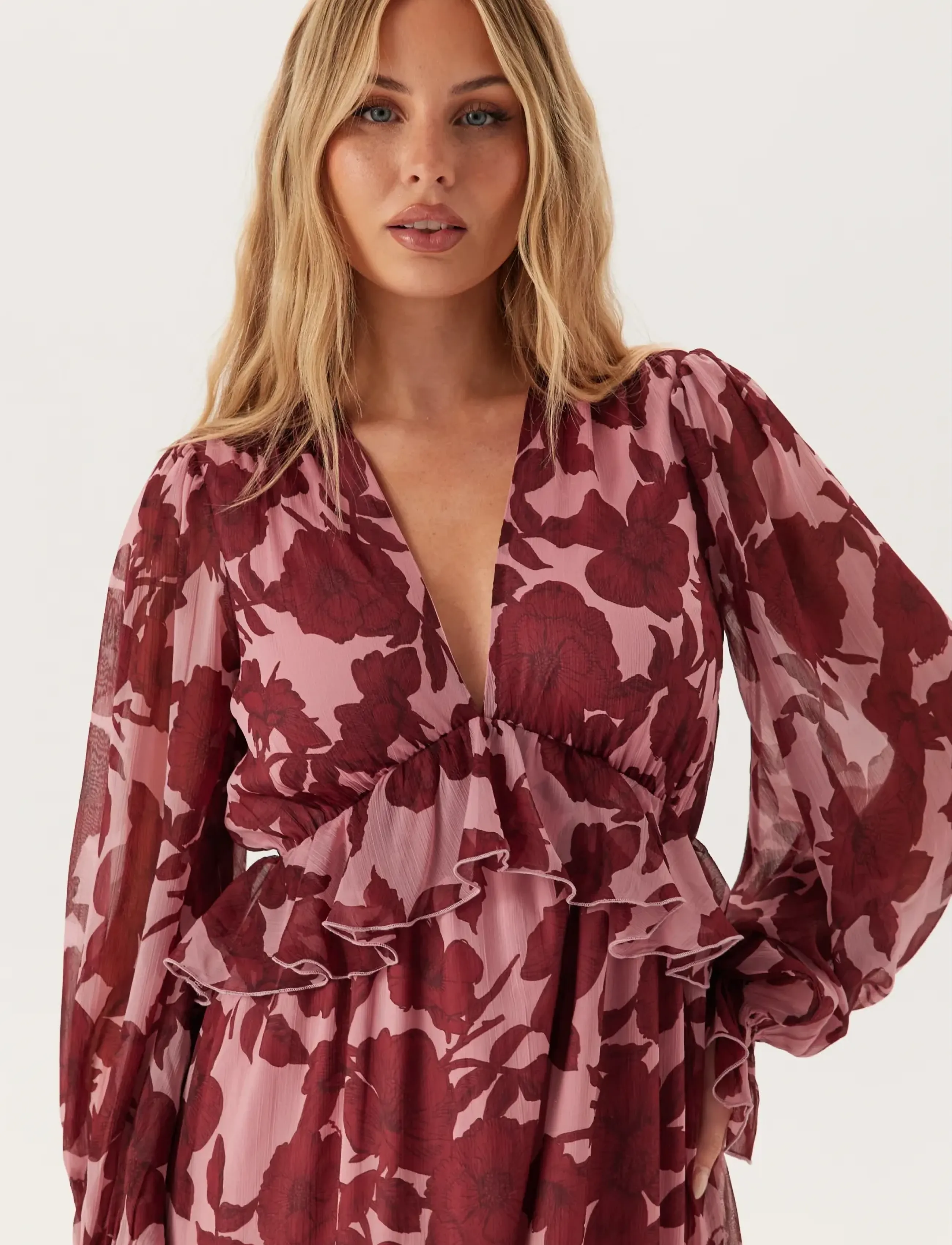 Bubbleroom - Frill L/S Chiffon Midi Dress - maxikleider - pink/red - 4