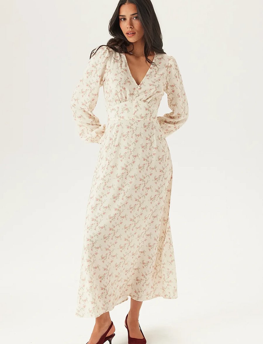 Bubbleroom - Viscose V-neck Maxi Dress - offwhite/floral - 0