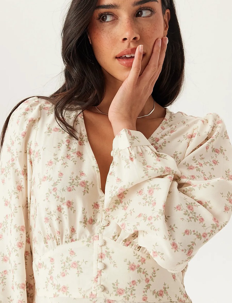 Bubbleroom - Viscose V-neck Maxi Dress - offwhite/floral - 3