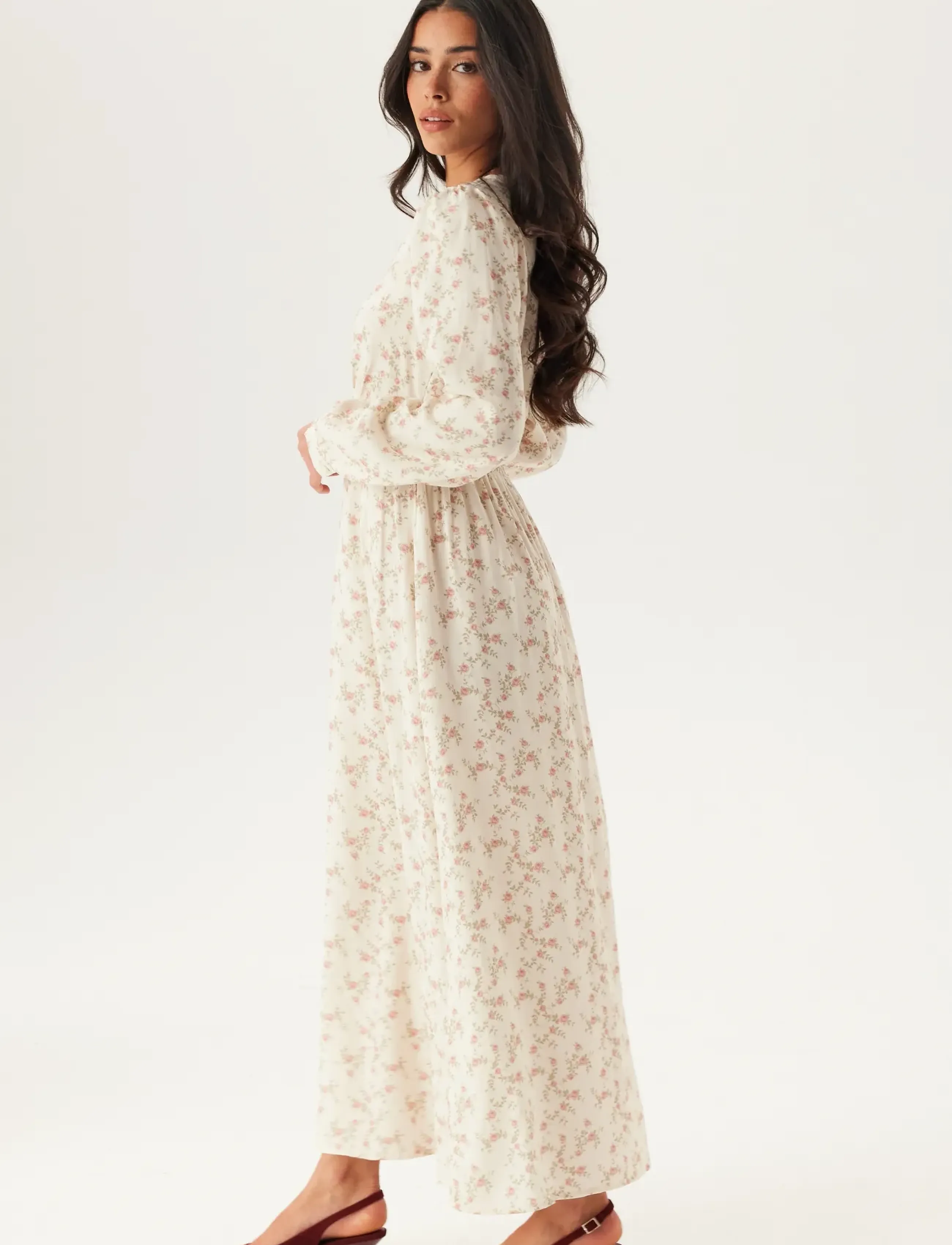 Bubbleroom - Viscose V-neck Maxi Dress - offwhite/floral - 4