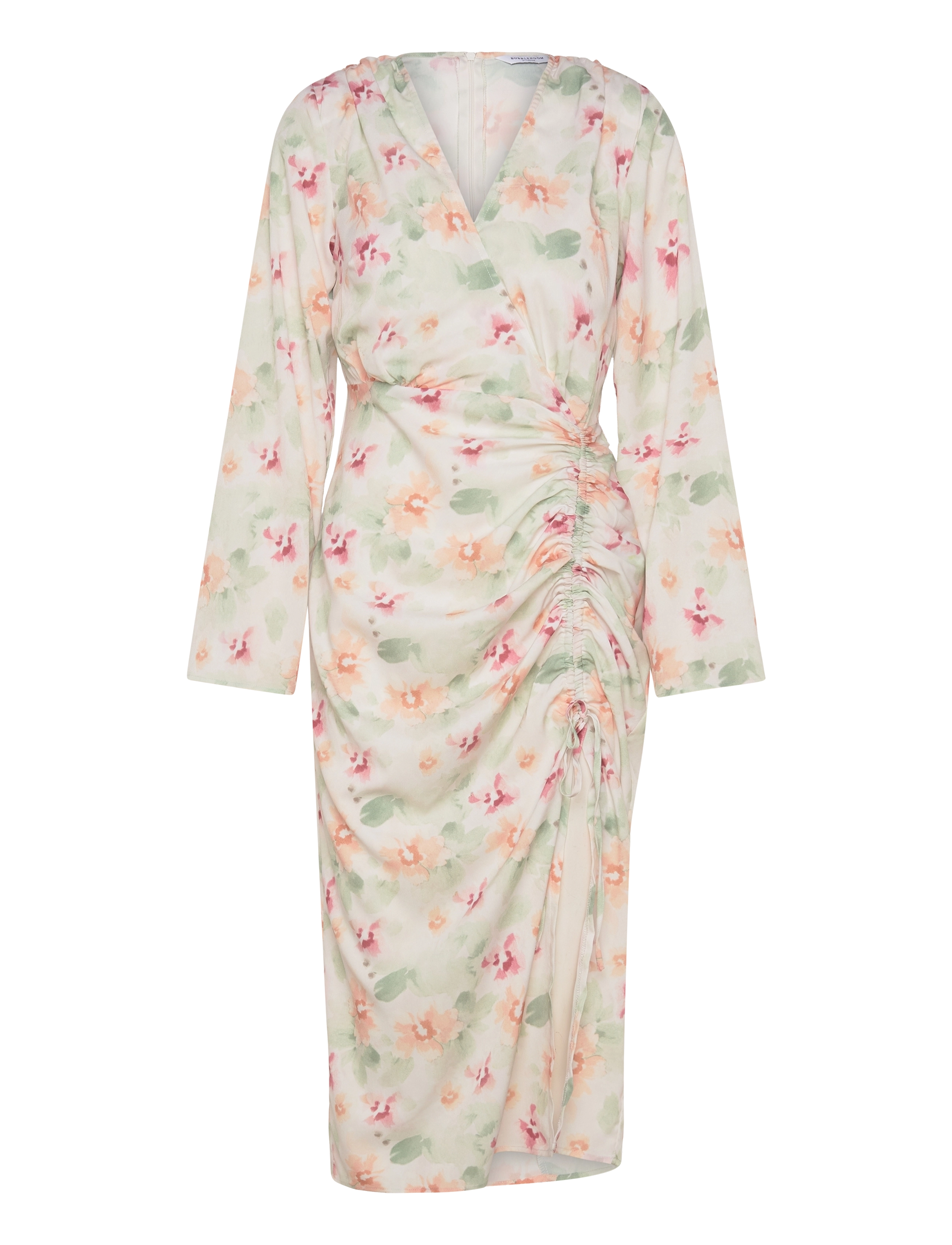Bubbleroom Drawstring L/S Midi Dress - Tøj - WHITE/FLORAL / multi