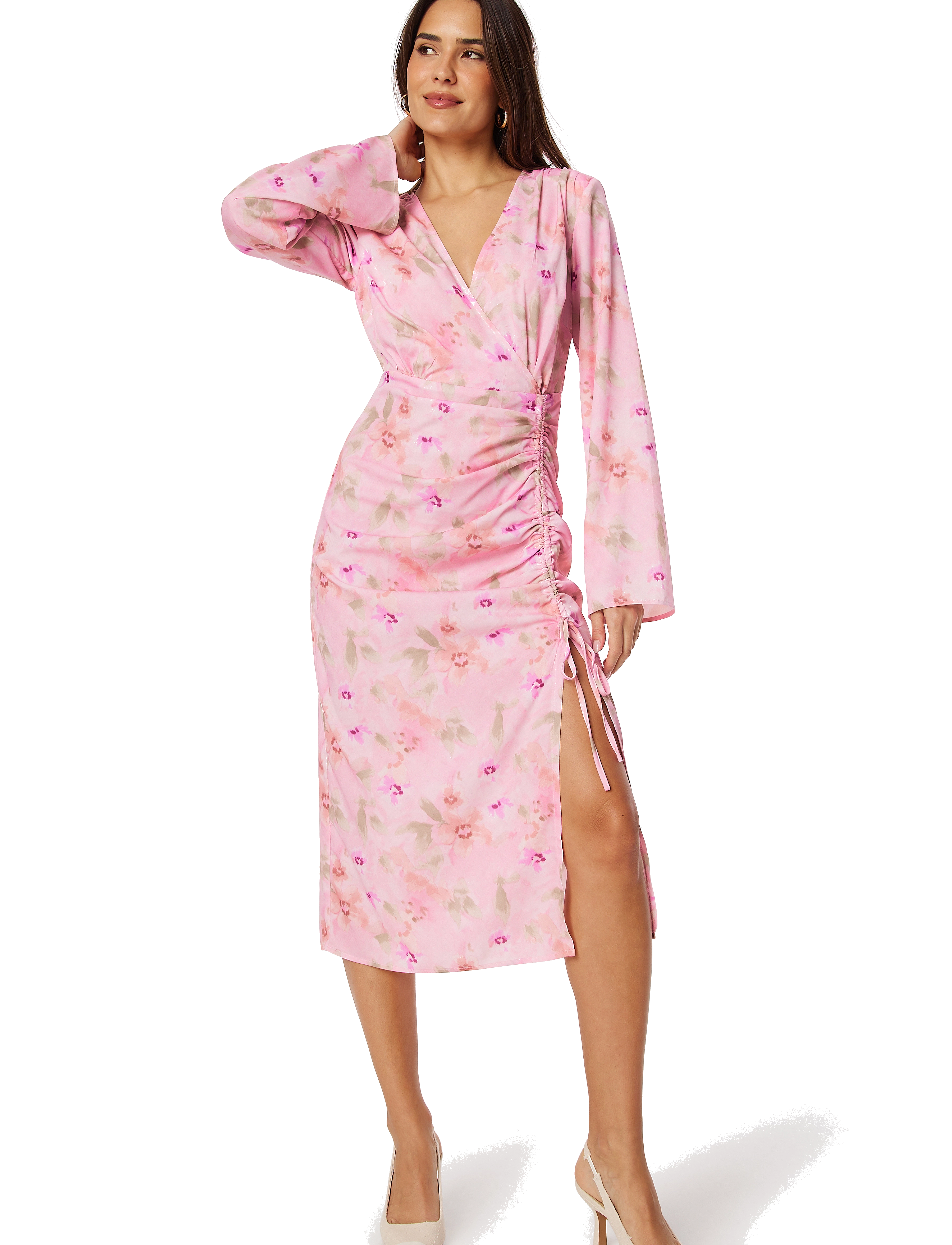 Bubbleroom - Drawstring L/S Midi Dress - midi-kleider - pink/floral - 3
