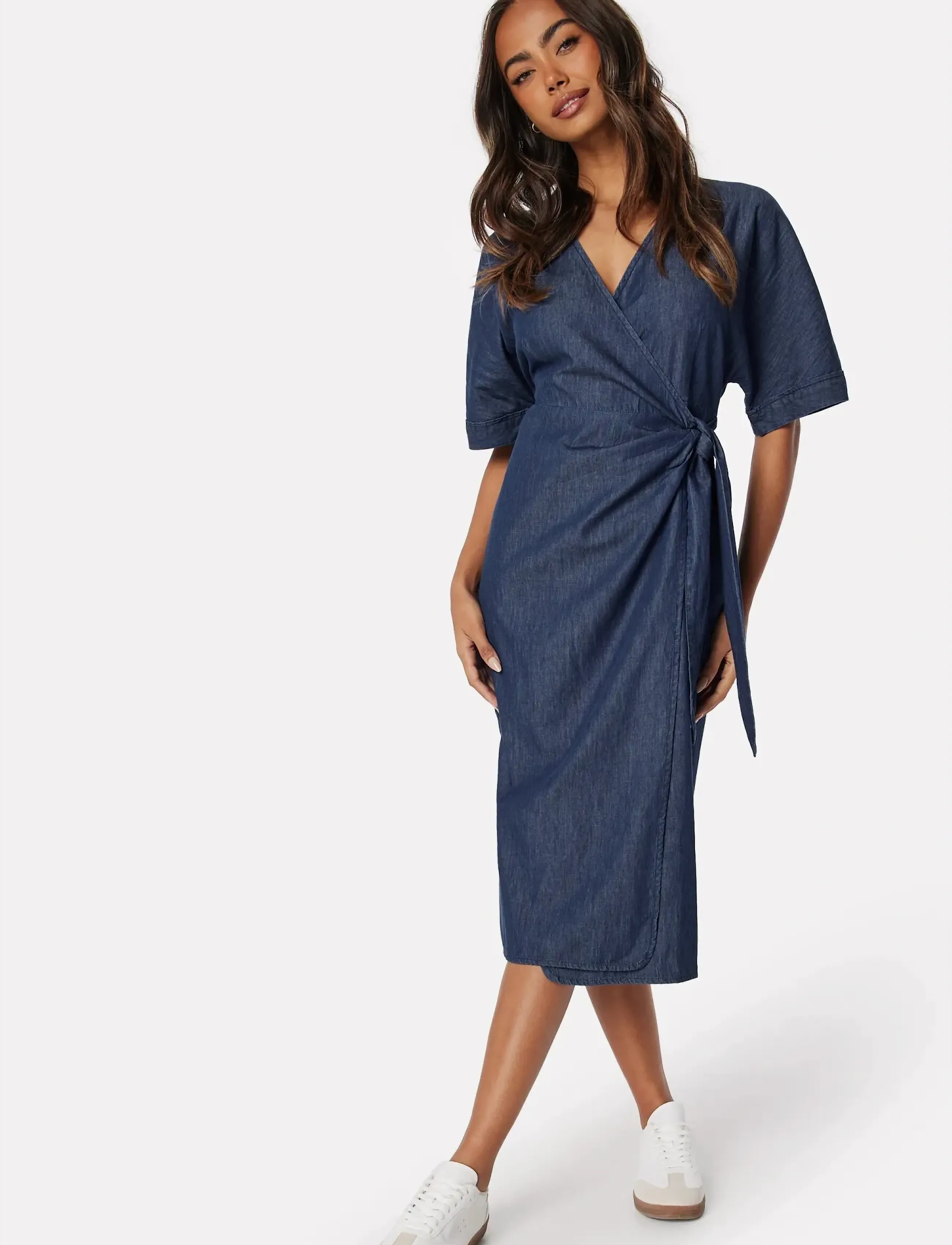 Bubbleroom Denim Wrap Dress, 32-34, Navy, Kjoler > Knælange Og Midi, Dame
