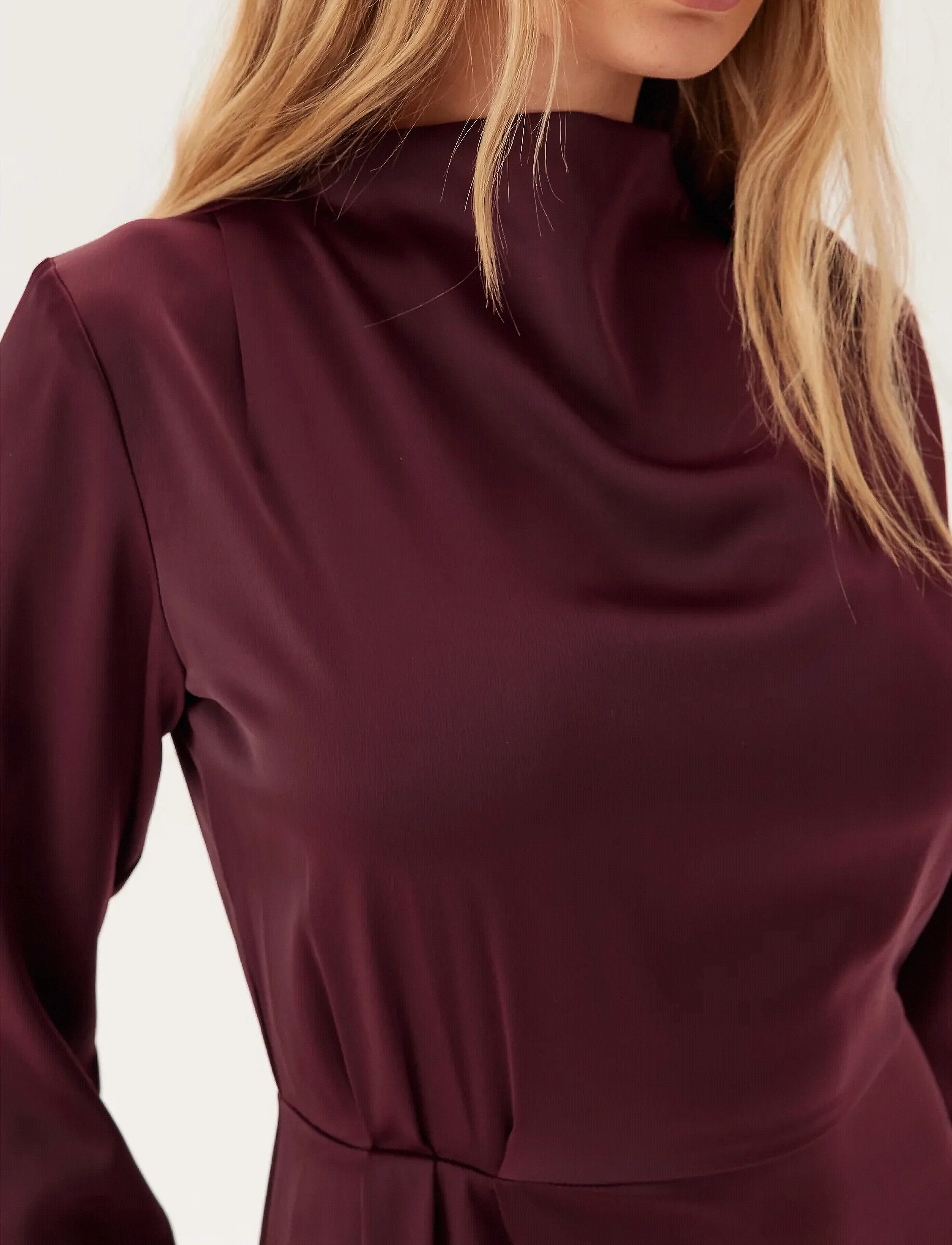 Bubbleroom - Satin High Collar Midi Dress - pidulikud kleidid - burgundy - 5