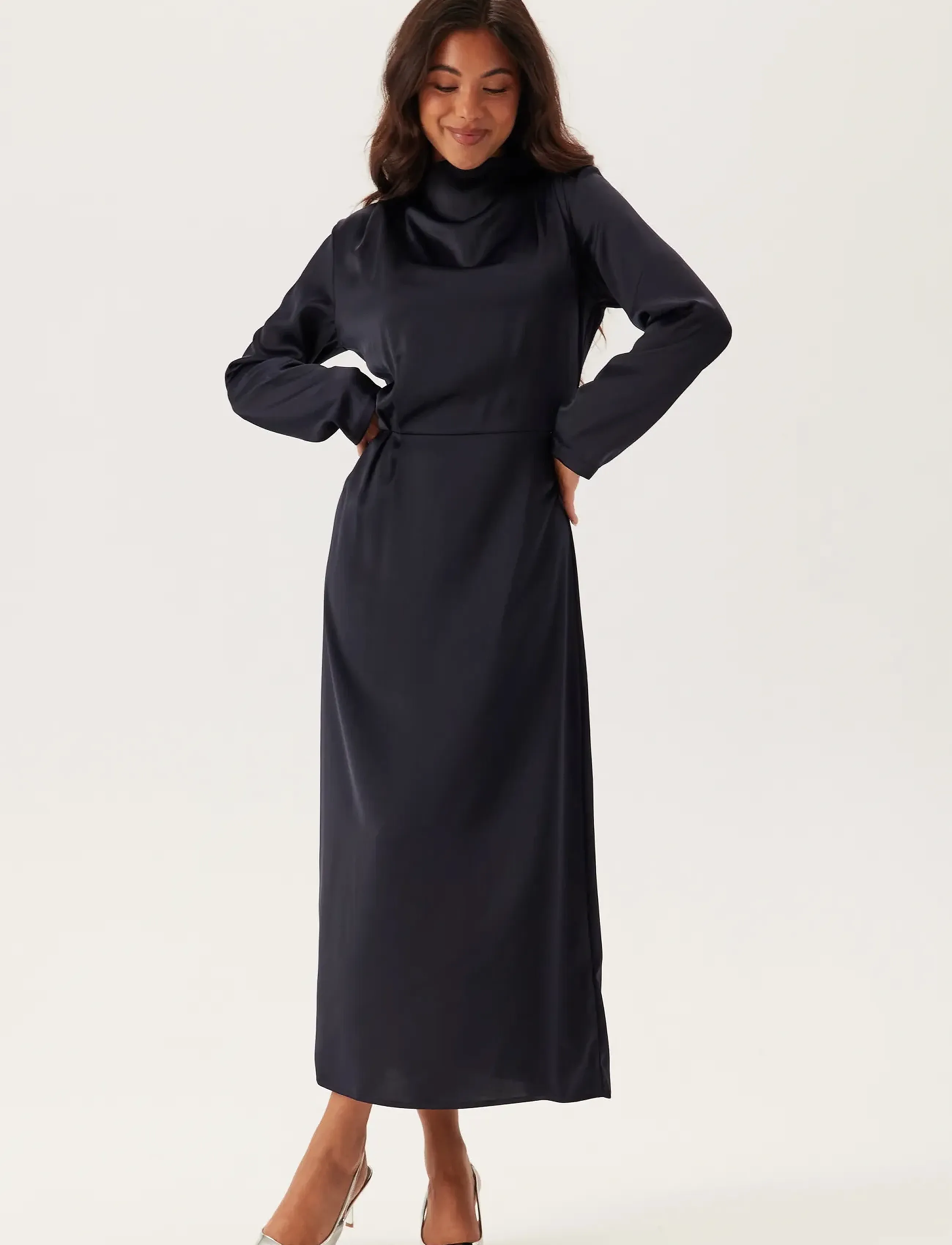 Bubbleroom Satin High Collar Midi Dress - Kleider - NAVY / navy