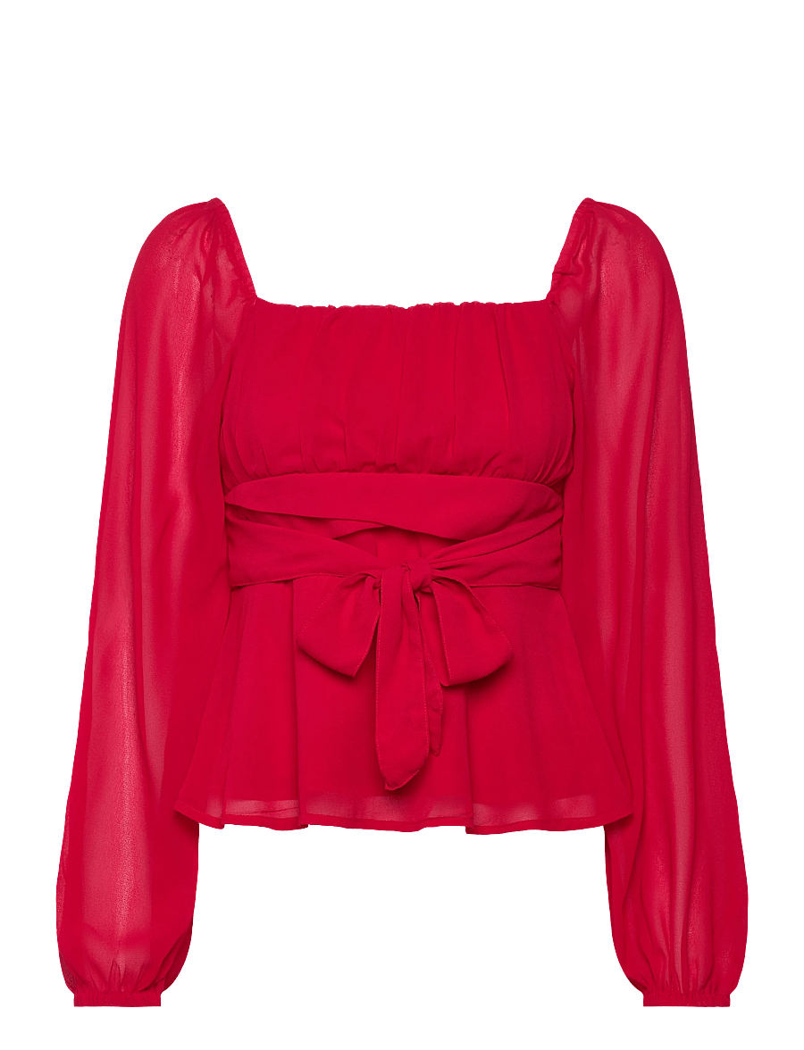 Bubbleroom - Square Neck L/S Georgette Blouse - red - 1