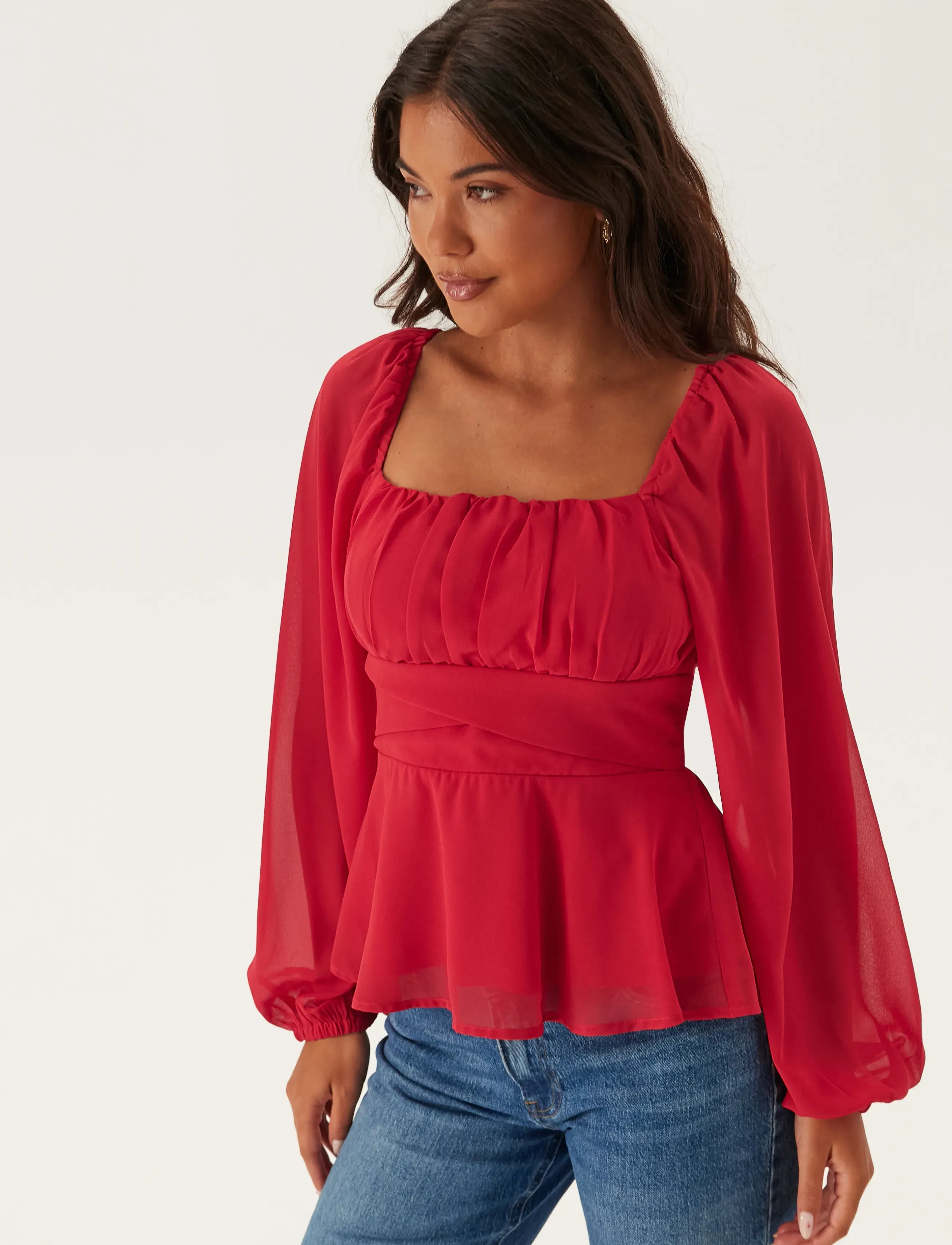Bubbleroom Square Neck L/S Georgette Blouse - Blusar & Skjortor - RED / red