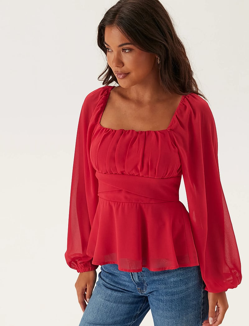 Bubbleroom - Square Neck L/S Georgette Blouse - red - 0