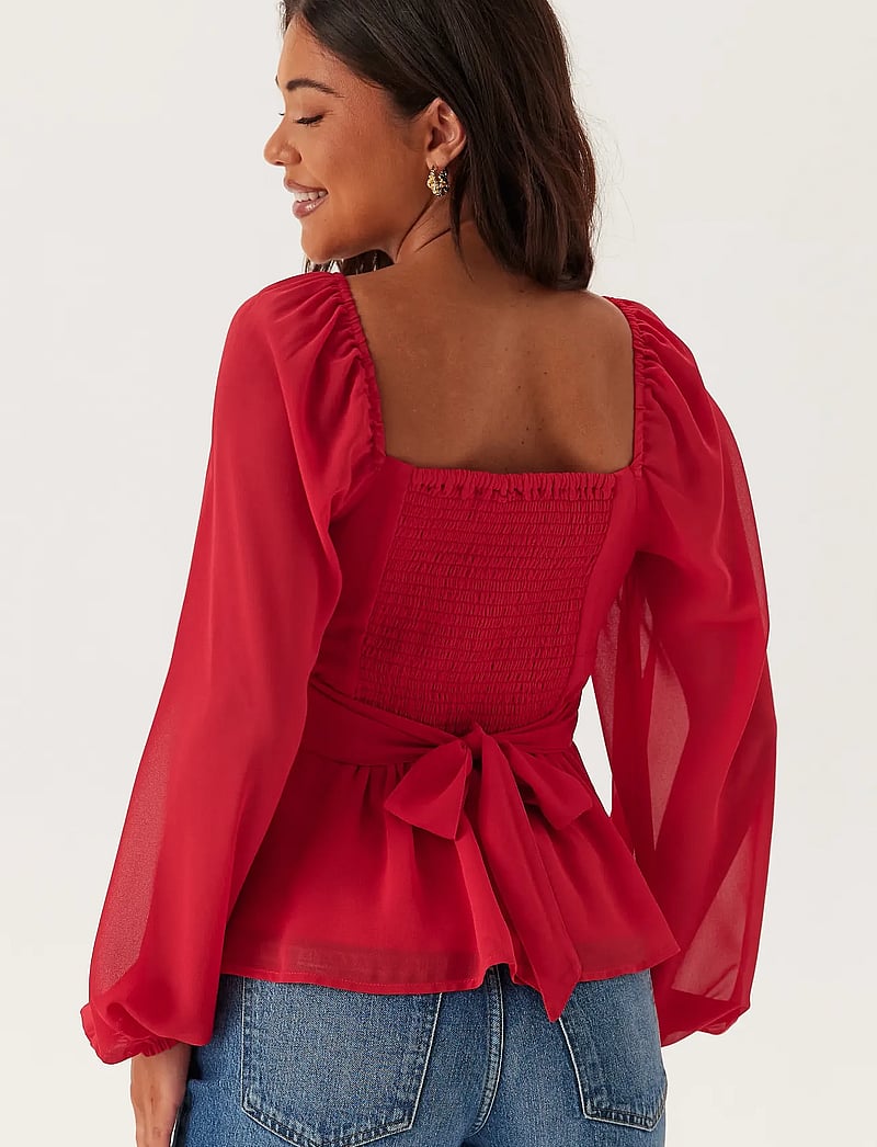 Bubbleroom - Square Neck L/S Georgette Blouse - red - 3
