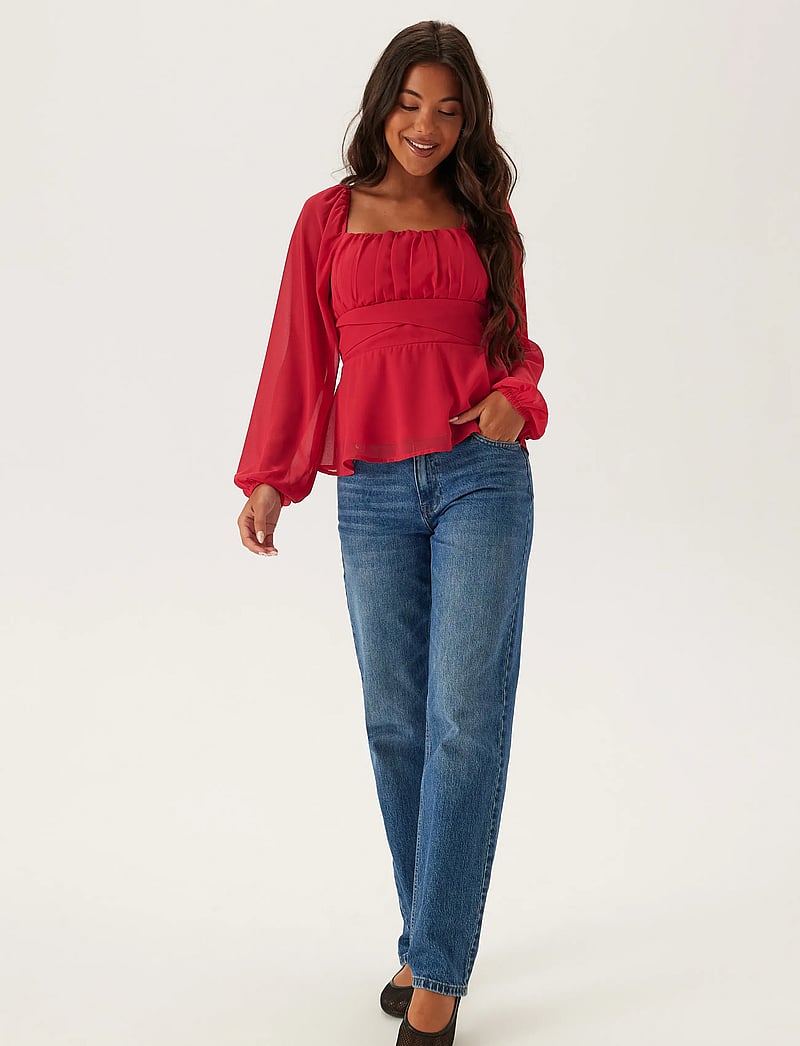 Bubbleroom - Square Neck L/S Georgette Blouse - red - 4