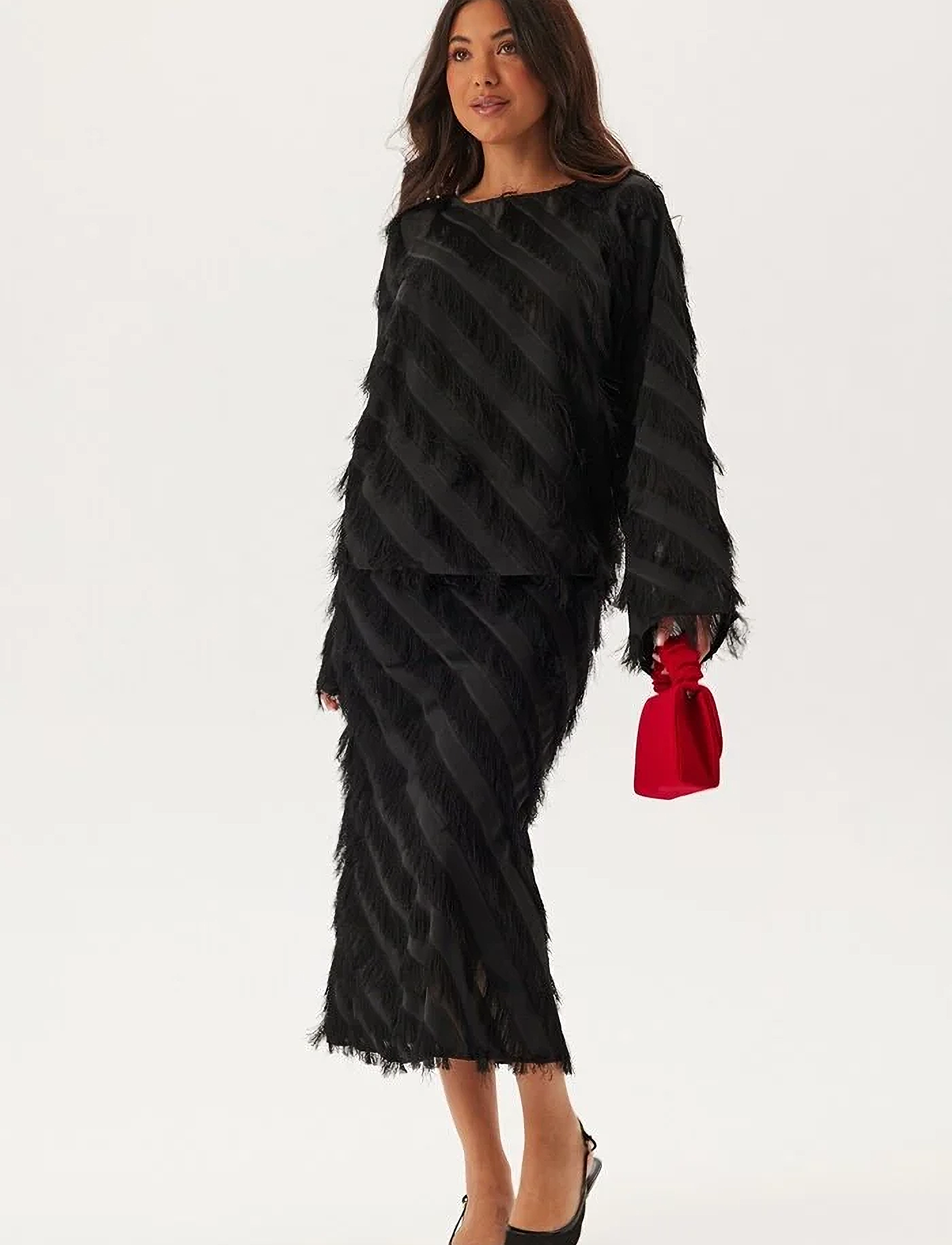 Bubbleroom Wynona Fringe Skirt - Midi-Röcke - BLACK / black