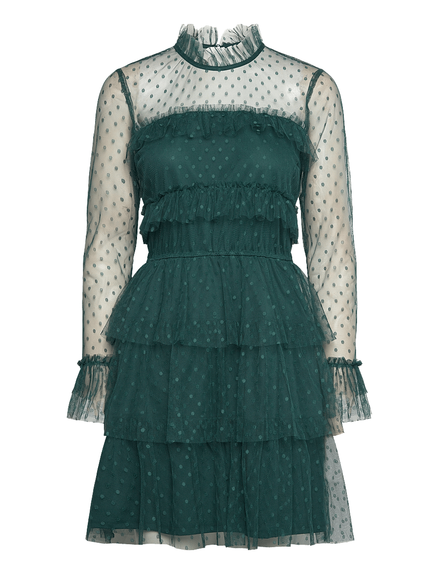 Bubbleroom - Rhoda Dotted Mesh L/S Dress - konfirmation - dark green - 0