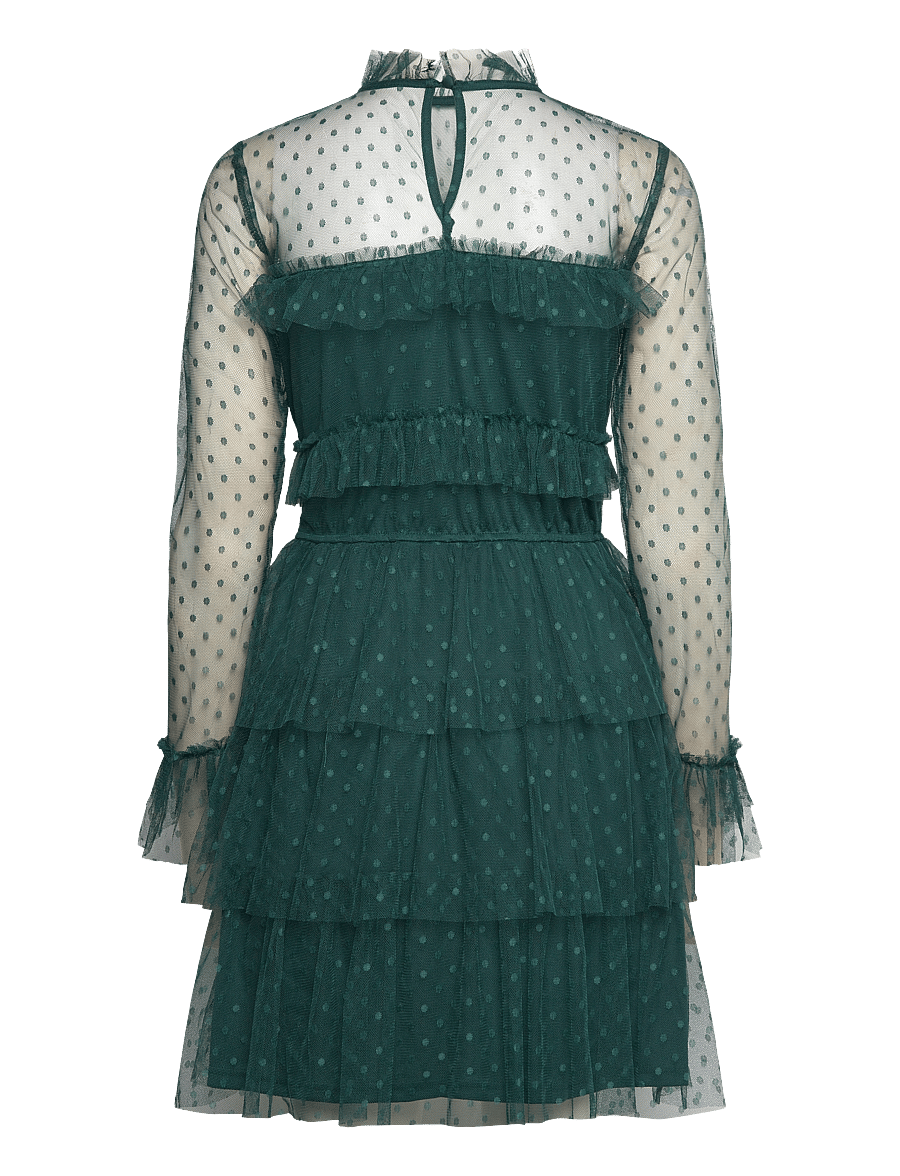Bubbleroom - Rhoda Dotted Mesh L/S Dress - konfirmation - dark green - 1